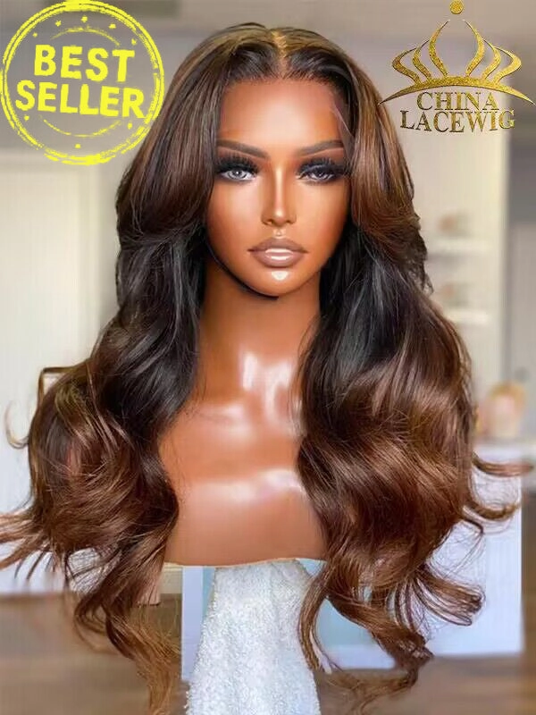 Long Layered Curtain Bangs with Rich Honey Brown Ombre 360 HD Invisible Lace Wigs CF73