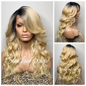 Long Wavy Synthetic Lace Front Wig Golden Blonde Dark Roots - Eva