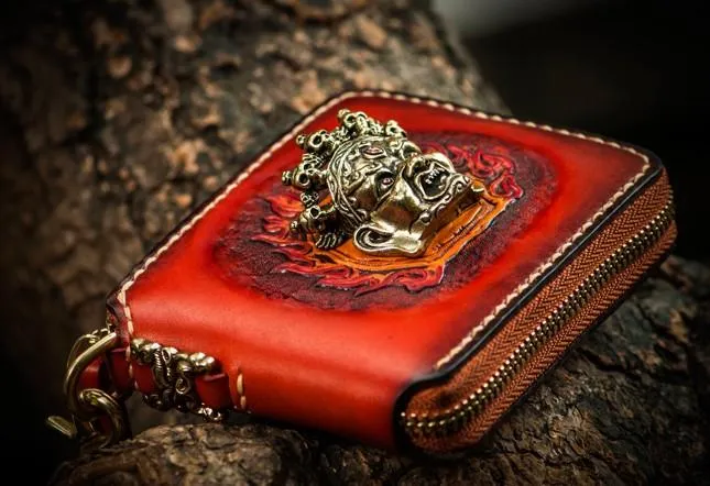 Mahkla Leather Brown Small Biker Wallet Mens Cool billfold Chain Wallet Trucker Wallet with Chain