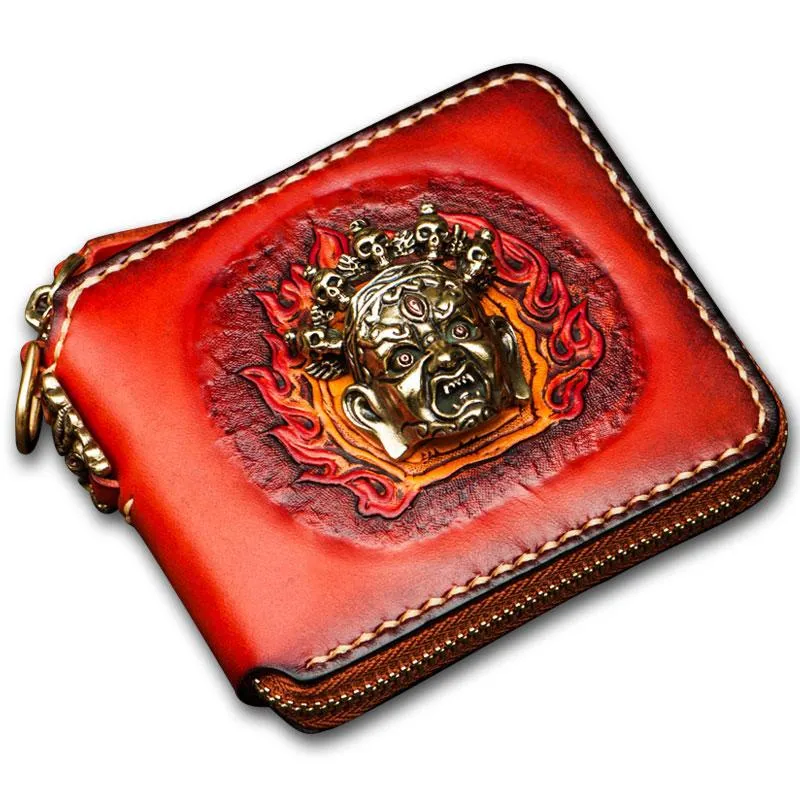 Mahkla Leather Brown Small Biker Wallet Mens Cool billfold Chain Wallet Trucker Wallet with Chain