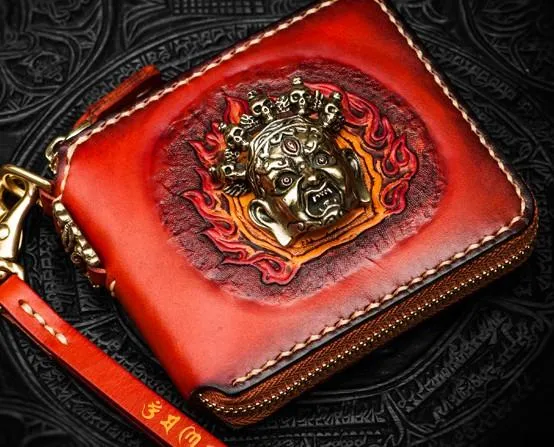 Mahkla Leather Brown Small Biker Wallet Mens Cool billfold Chain Wallet Trucker Wallet with Chain