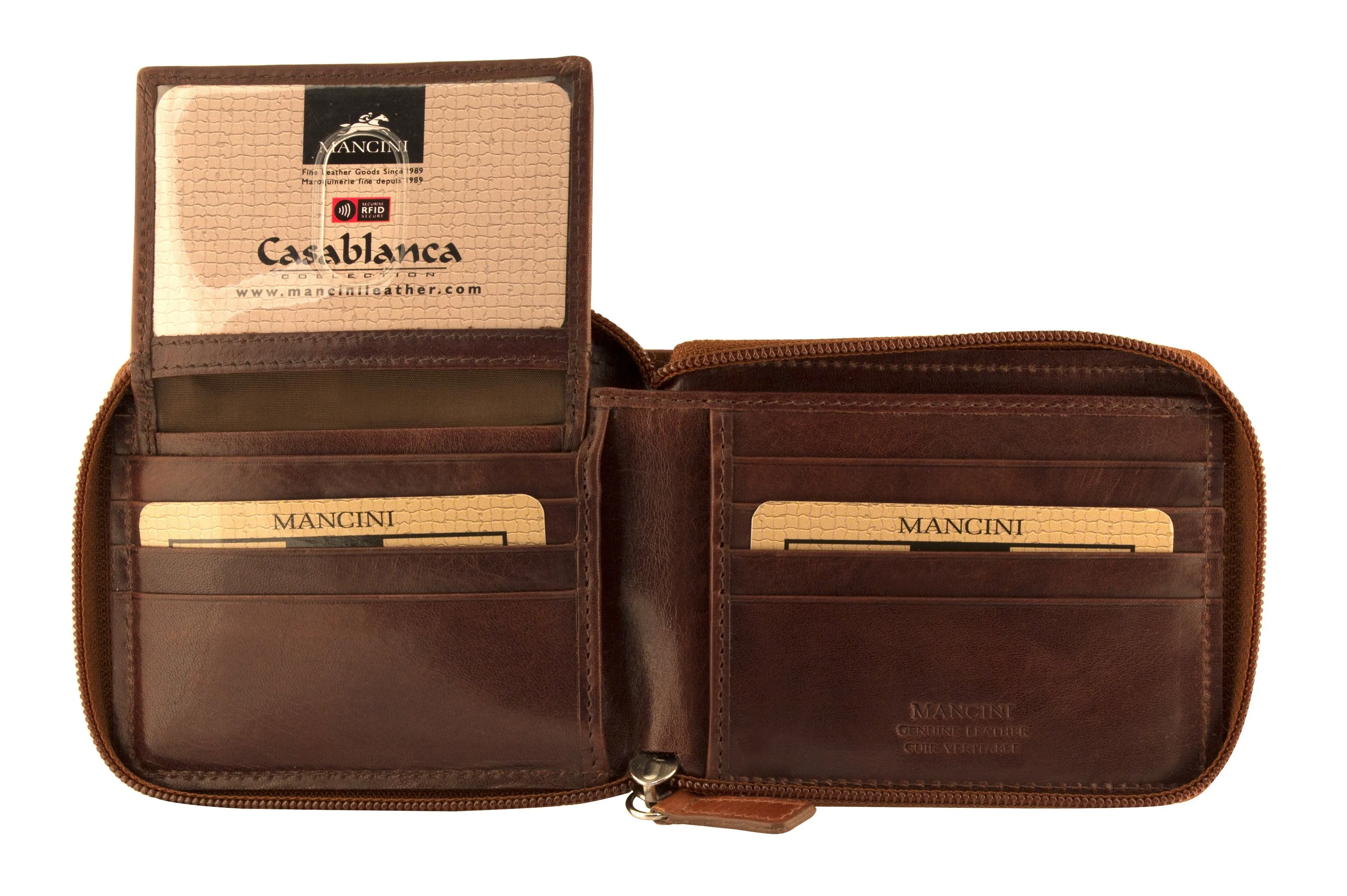 Mancini CASABLANCA Collection Mens Zippered Wallet with Removable Passcase (RFID Secure)
