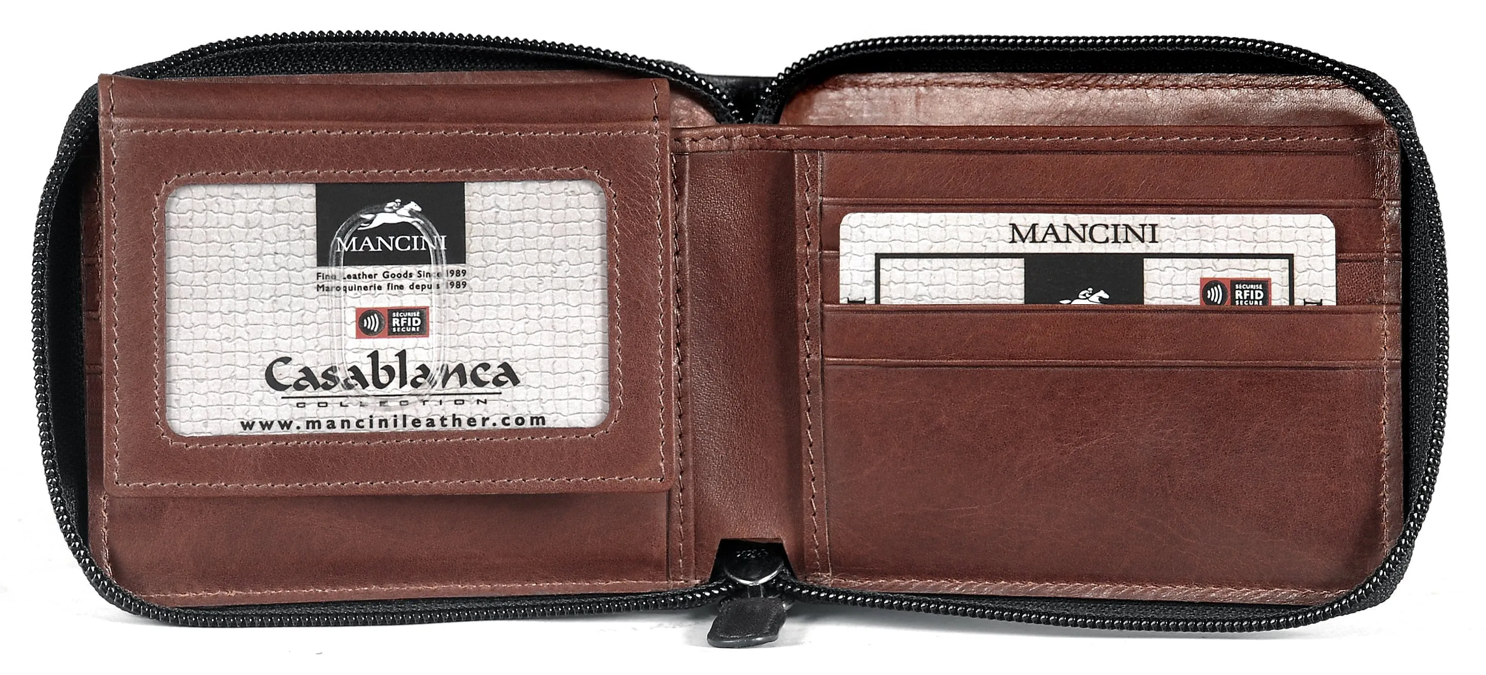 Mancini CASABLANCA Collection Mens Zippered Wallet with Removable Passcase (RFID Secure)