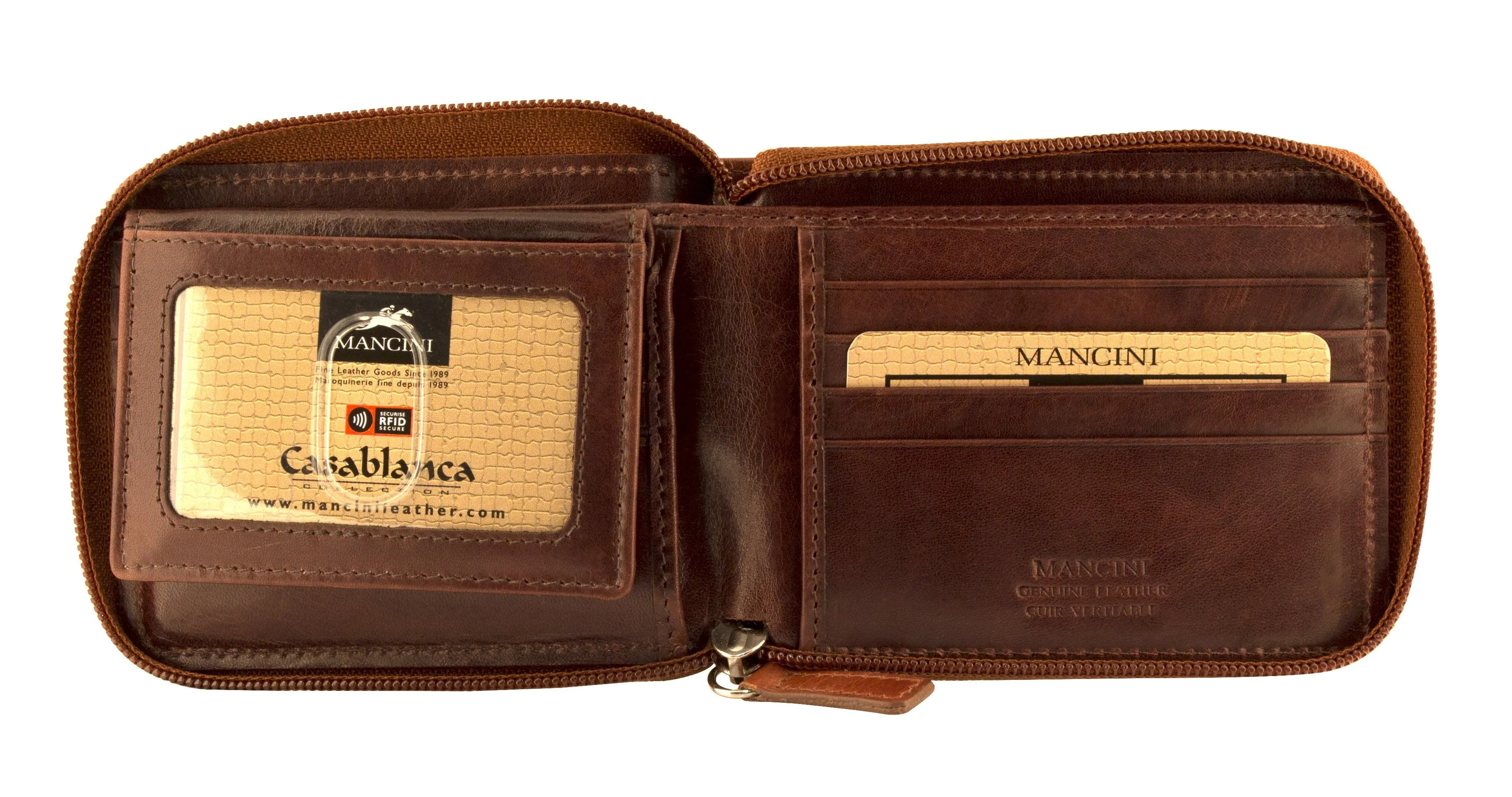 Mancini CASABLANCA Collection Mens Zippered Wallet with Removable Passcase (RFID Secure)