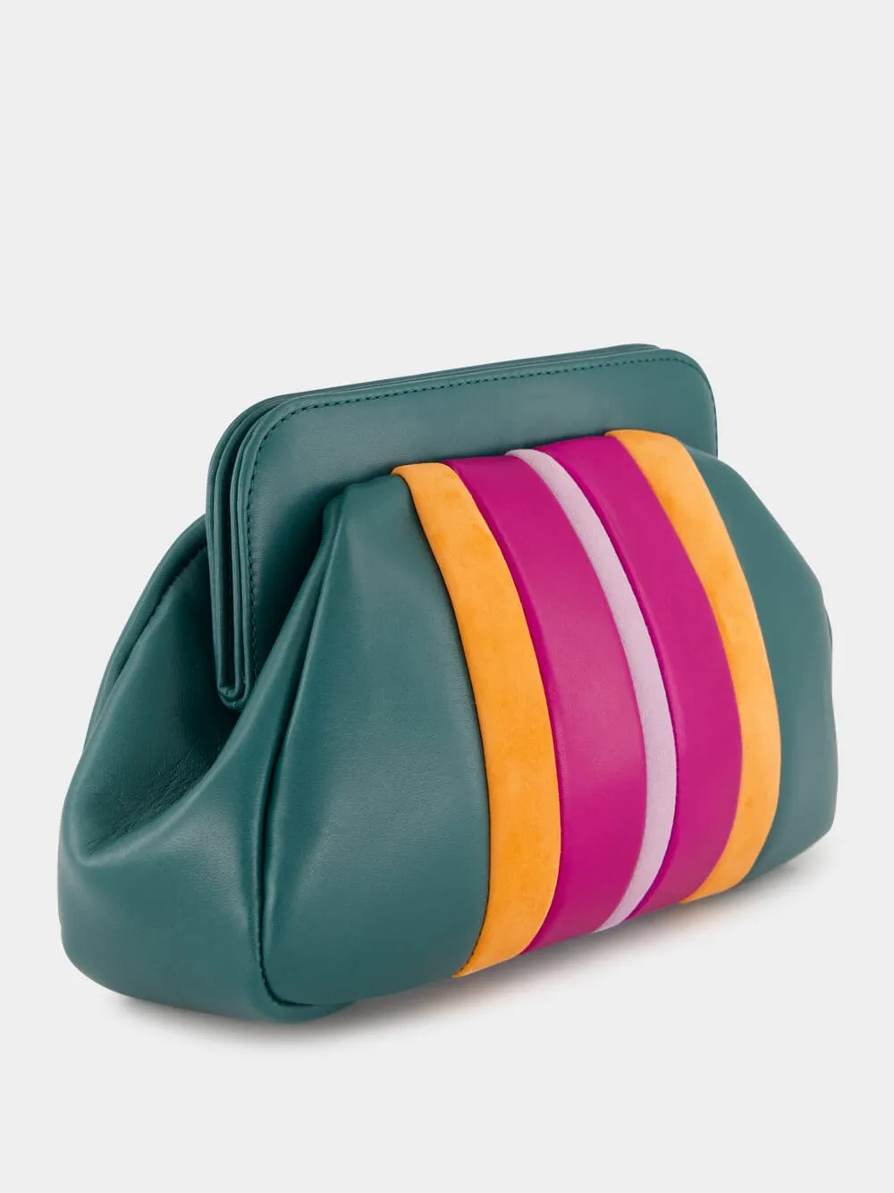 Medine Botanical Green Leather and Suede Clutch