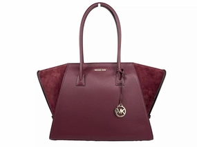 Michael Kors Avril XL Suede Leather Top Zip Satchel Bag Oxblood Women's