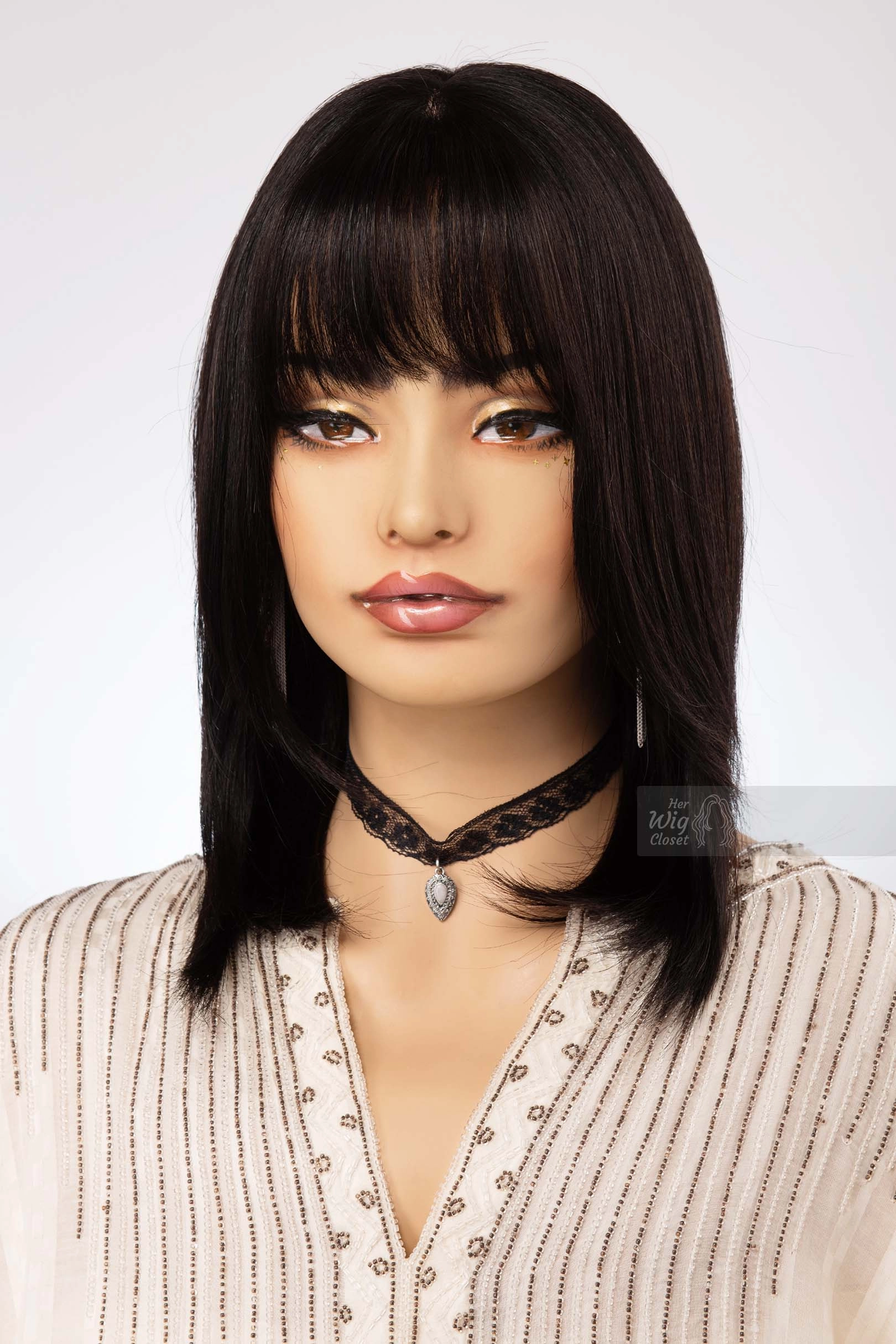 Natural Black Straight Long Bob Human Hair Wig with bangs