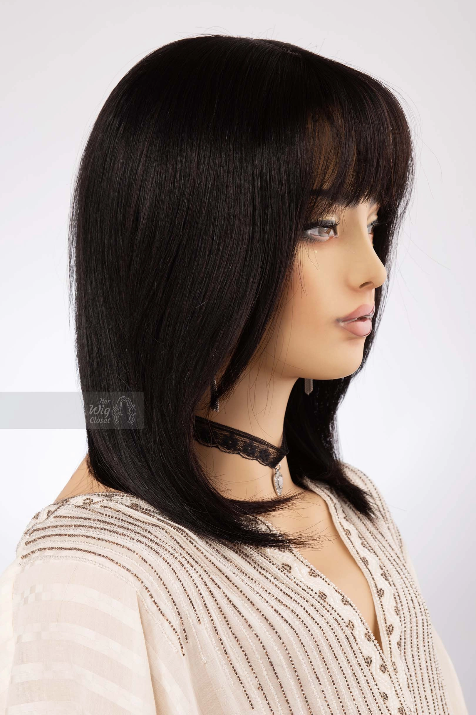 Natural Black Straight Long Bob Human Hair Wig with bangs