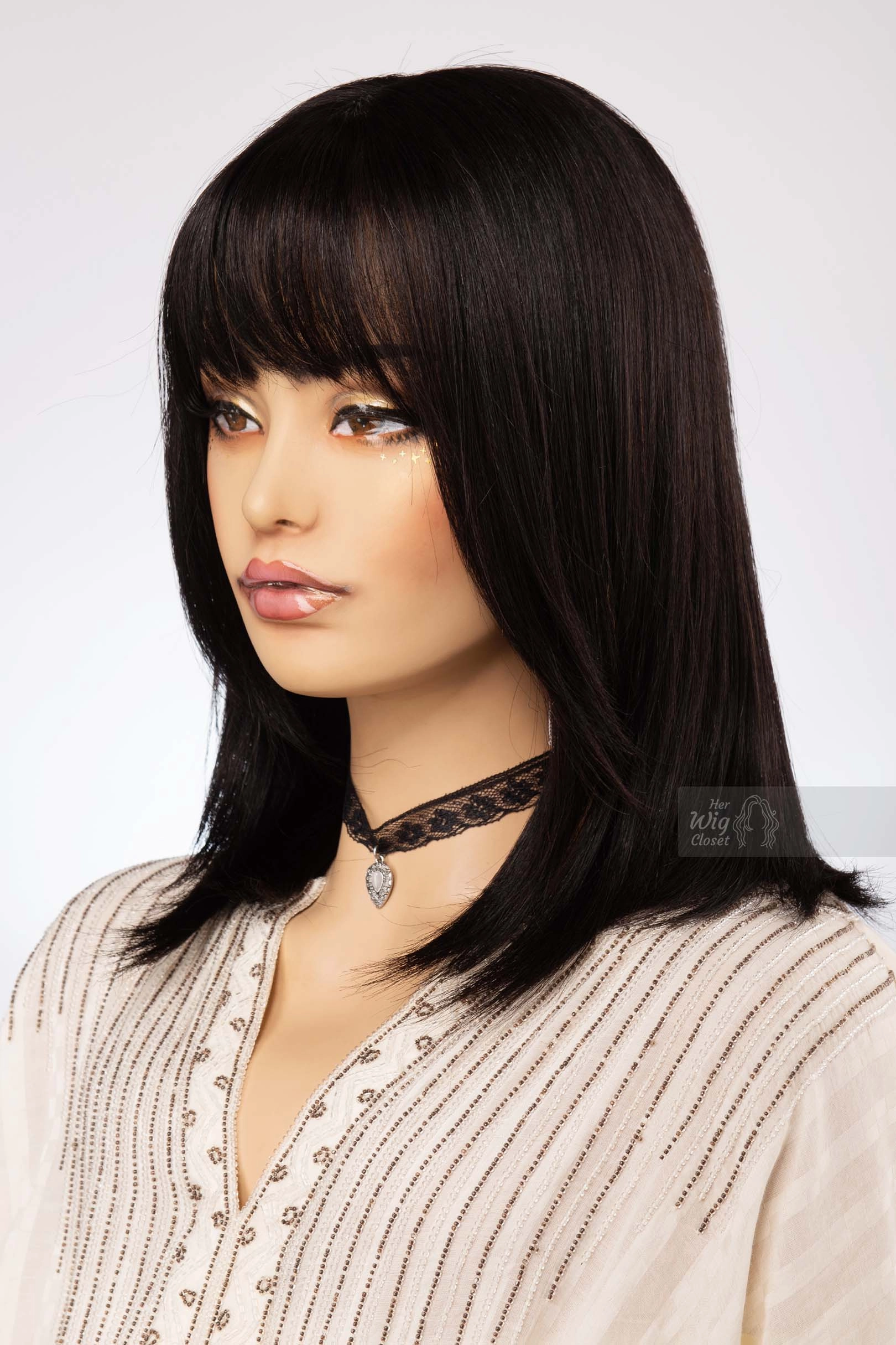 Natural Black Straight Long Bob Human Hair Wig with bangs
