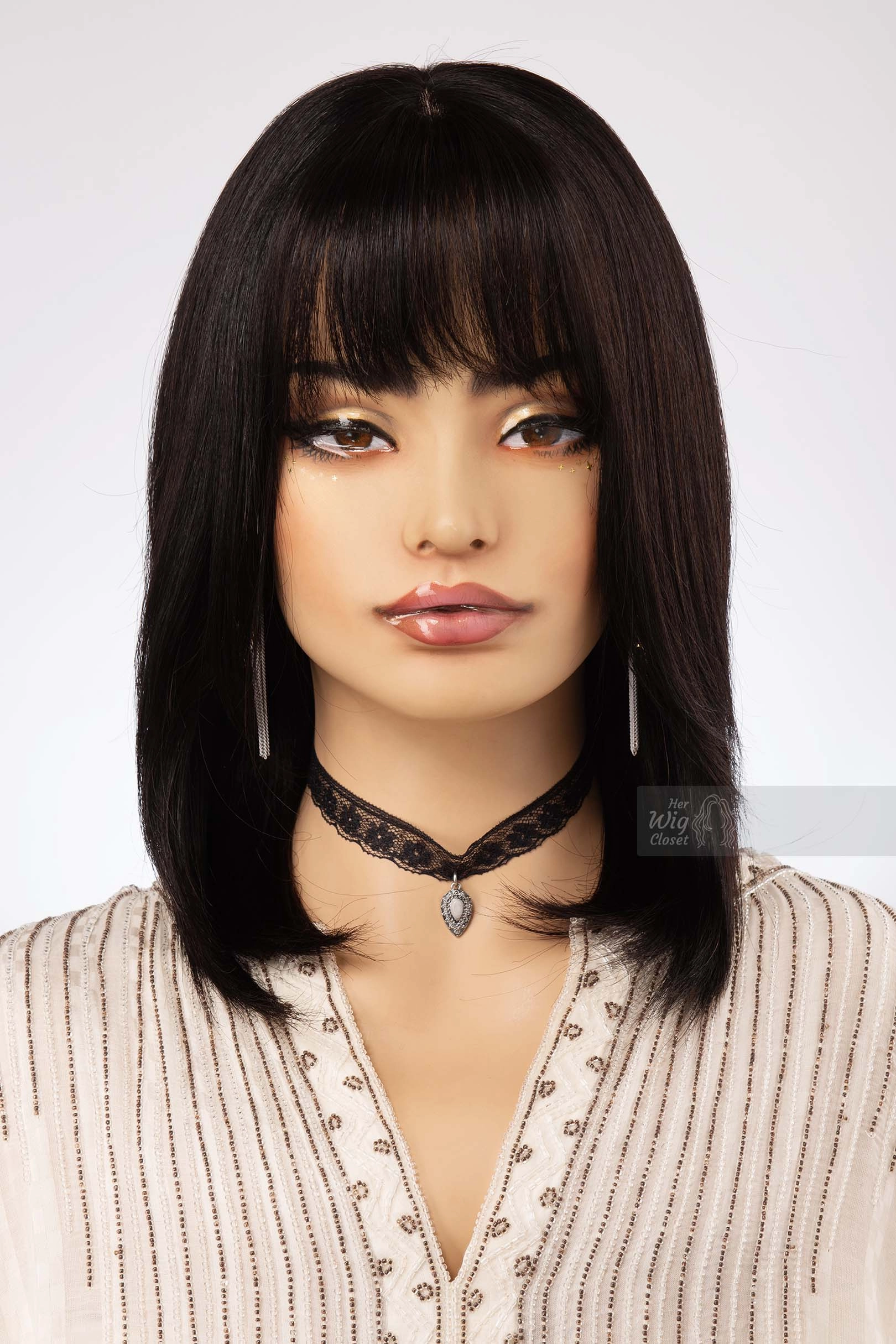 Natural Black Straight Long Bob Human Hair Wig with bangs