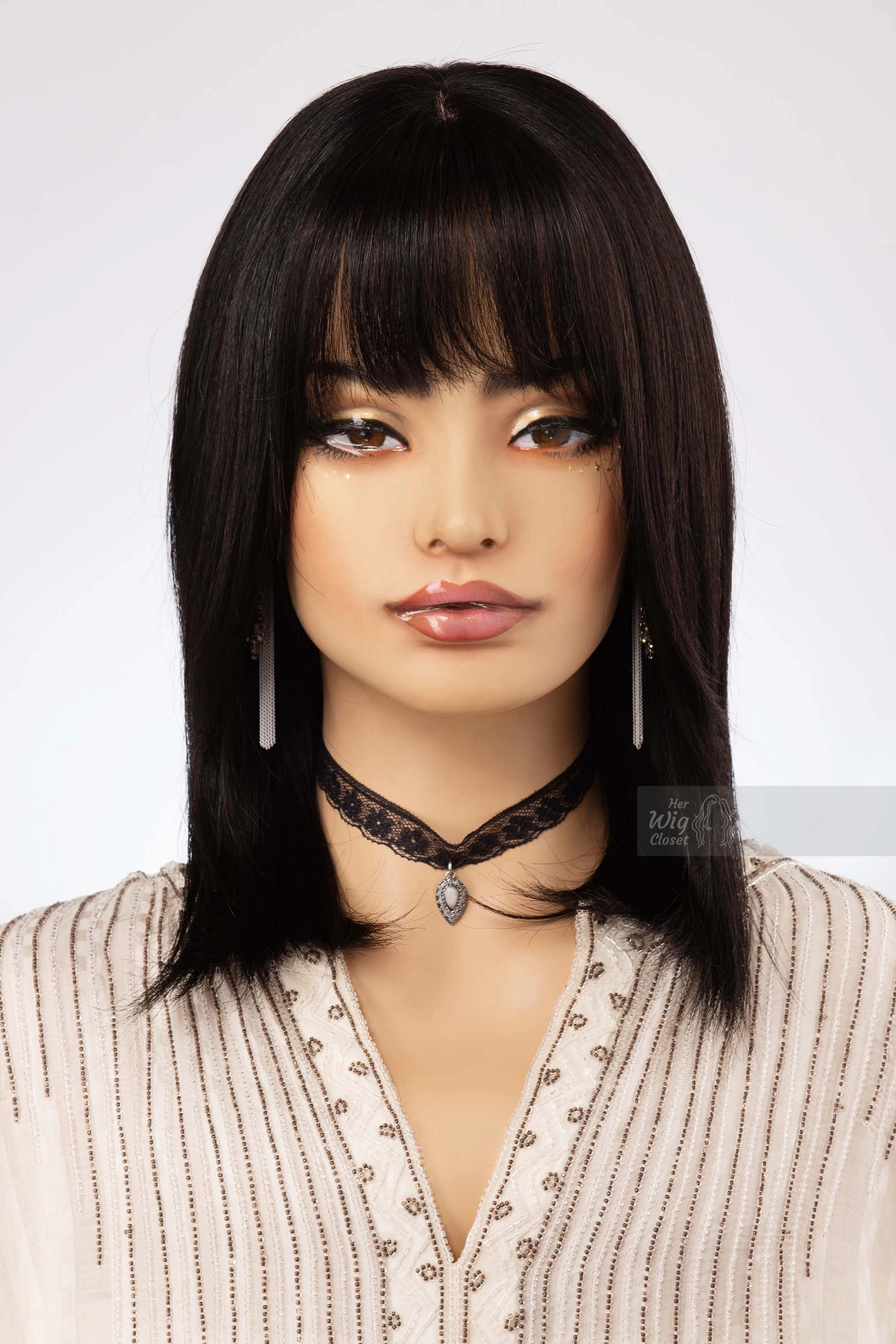 Natural Black Straight Long Bob Human Hair Wig with bangs
