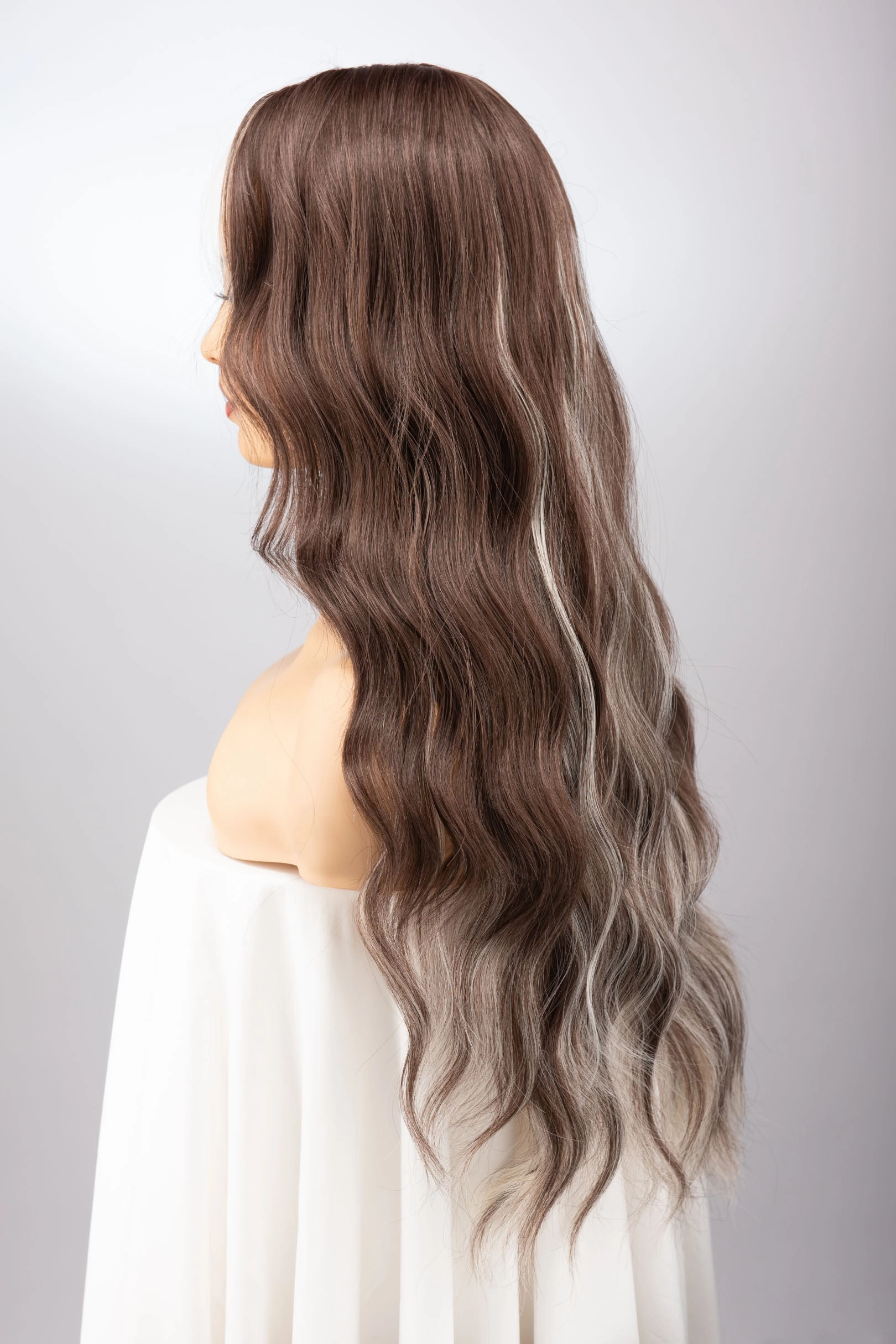 Natural Brown Brunette Color with Silver Blonde Highlights Wavy Lace Wig Melina