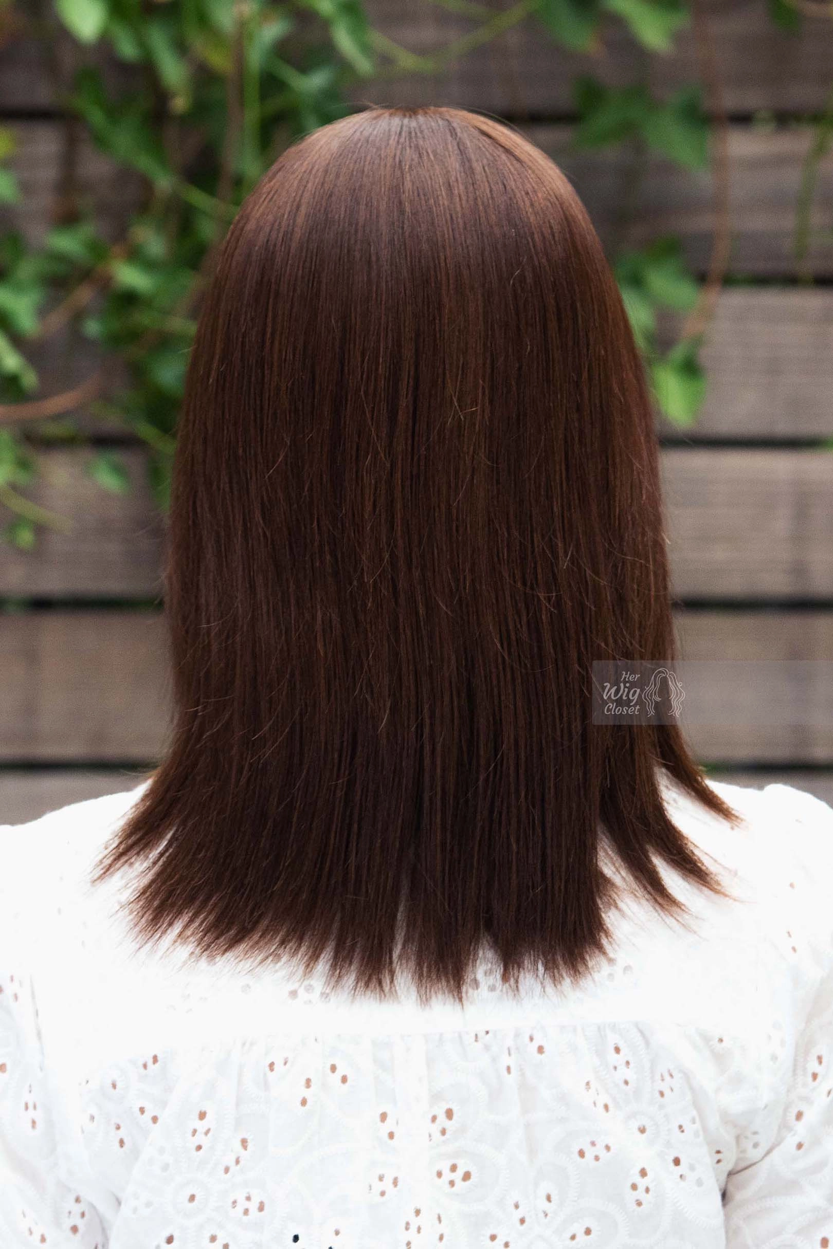 Natural Brown Brunette Straight Long Bob Human Hair Wig with bangs