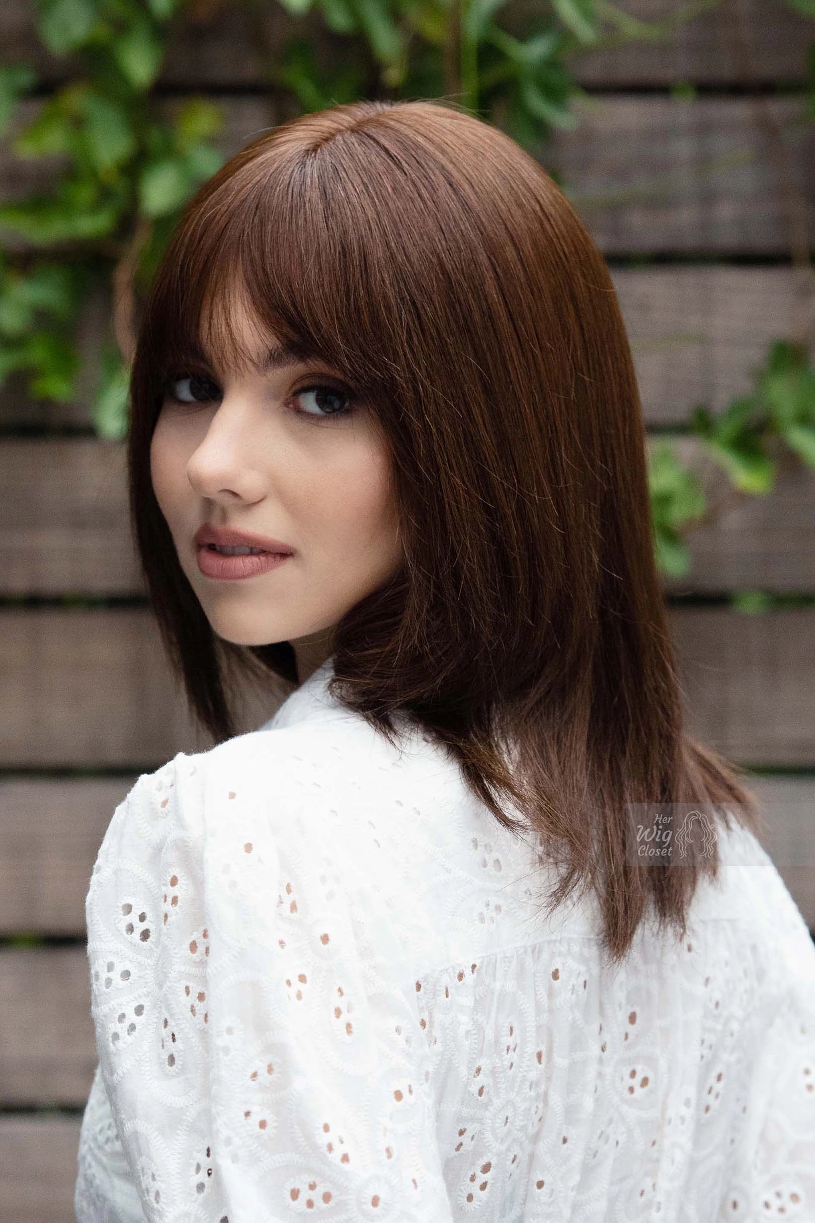 Natural Brown Brunette Straight Long Bob Human Hair Wig with bangs