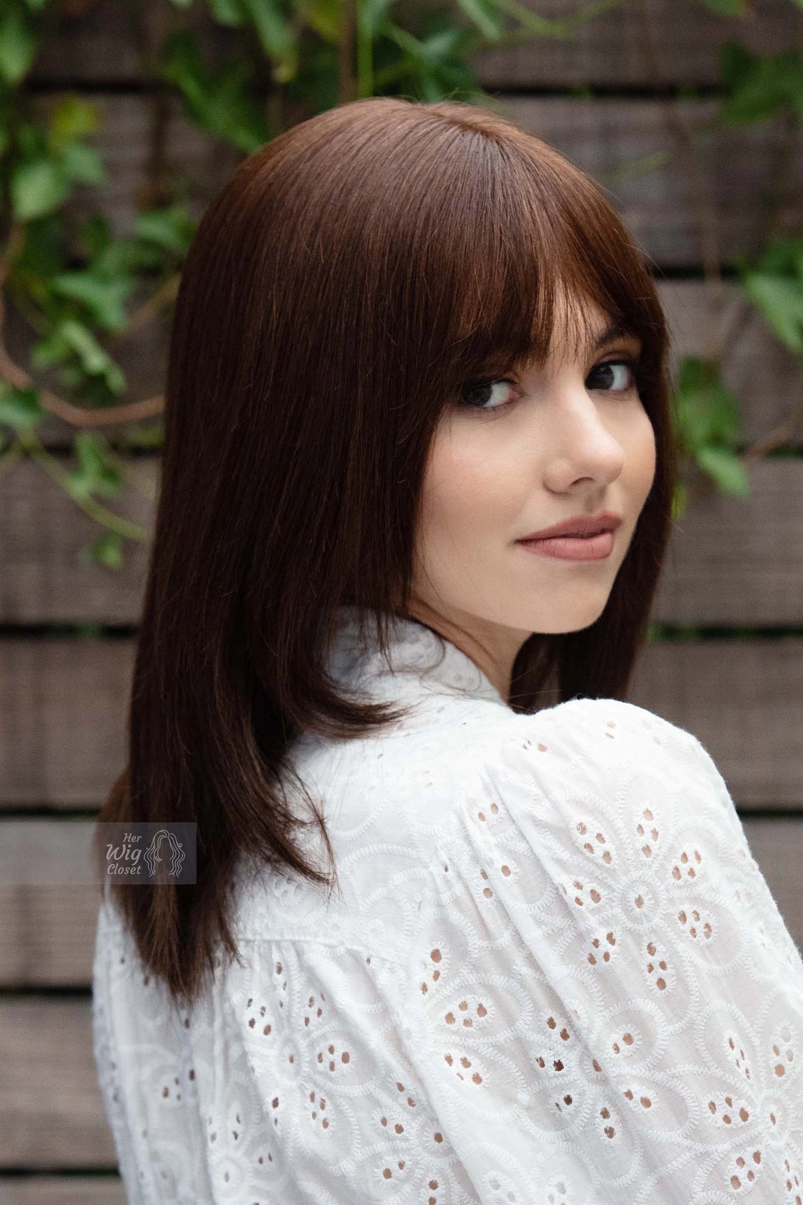 Natural Brown Brunette Straight Long Bob Human Hair Wig with bangs