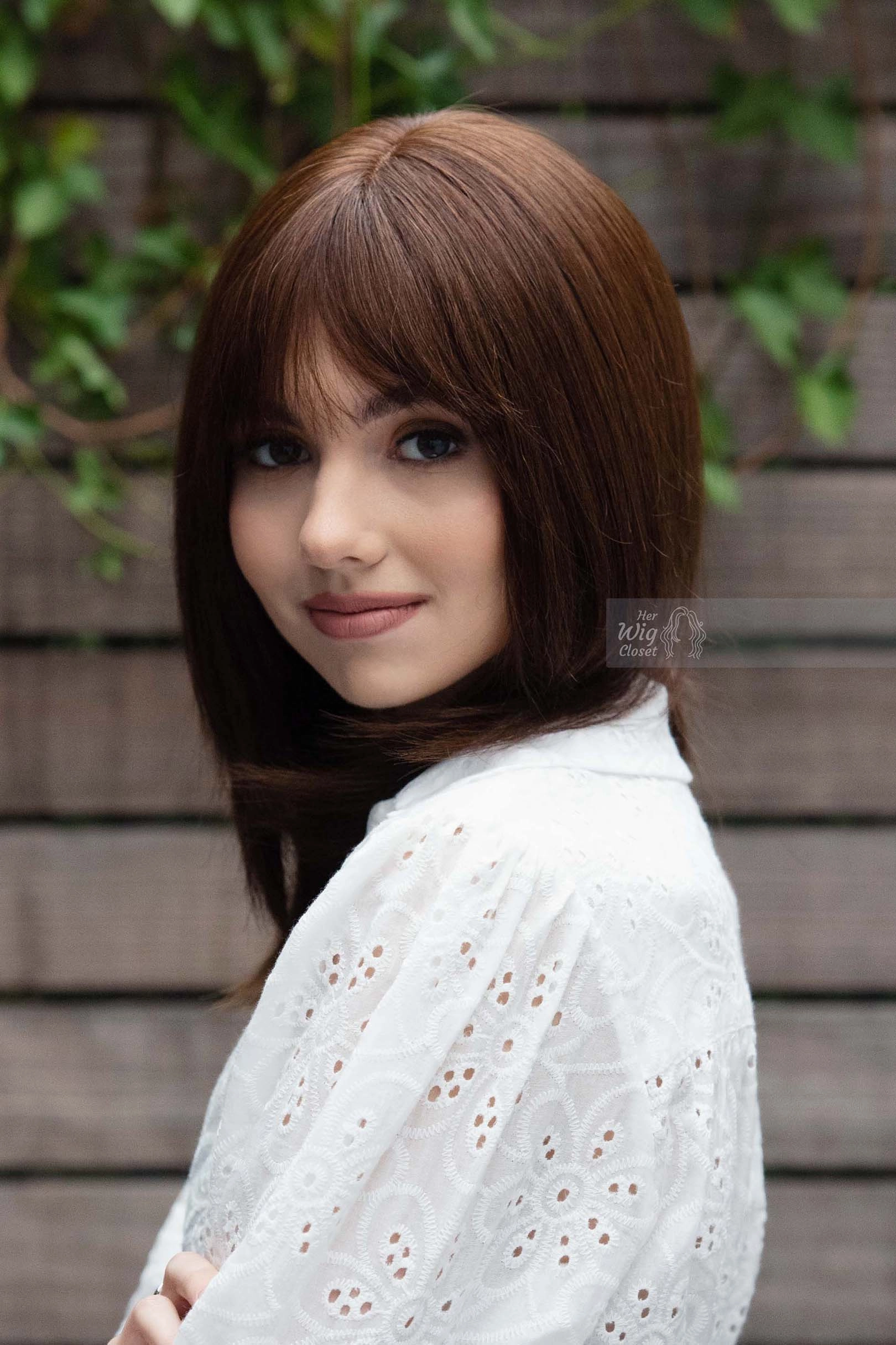 Natural Brown Brunette Straight Long Bob Human Hair Wig with bangs