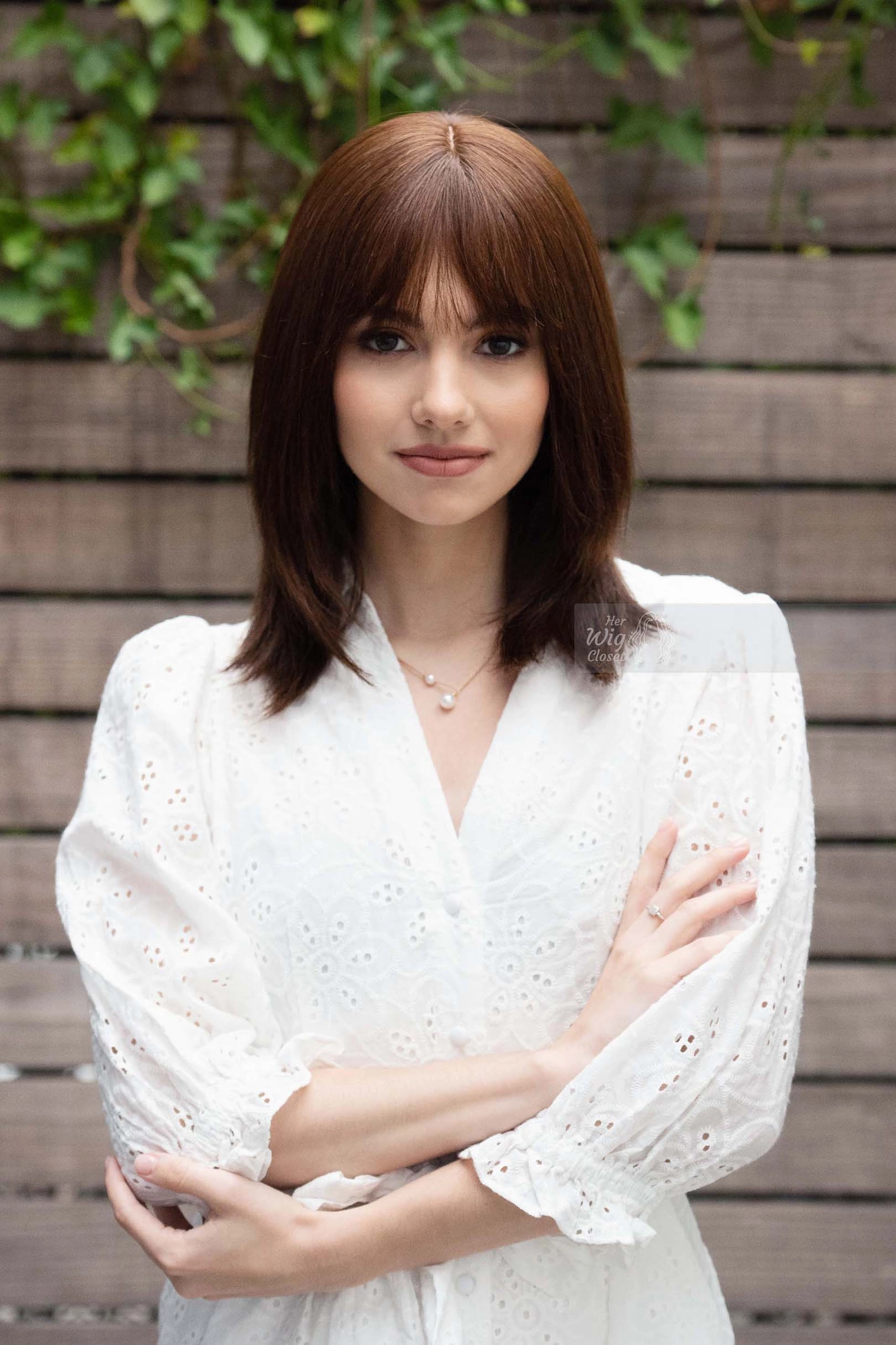 Natural Brown Brunette Straight Long Bob Human Hair Wig with bangs