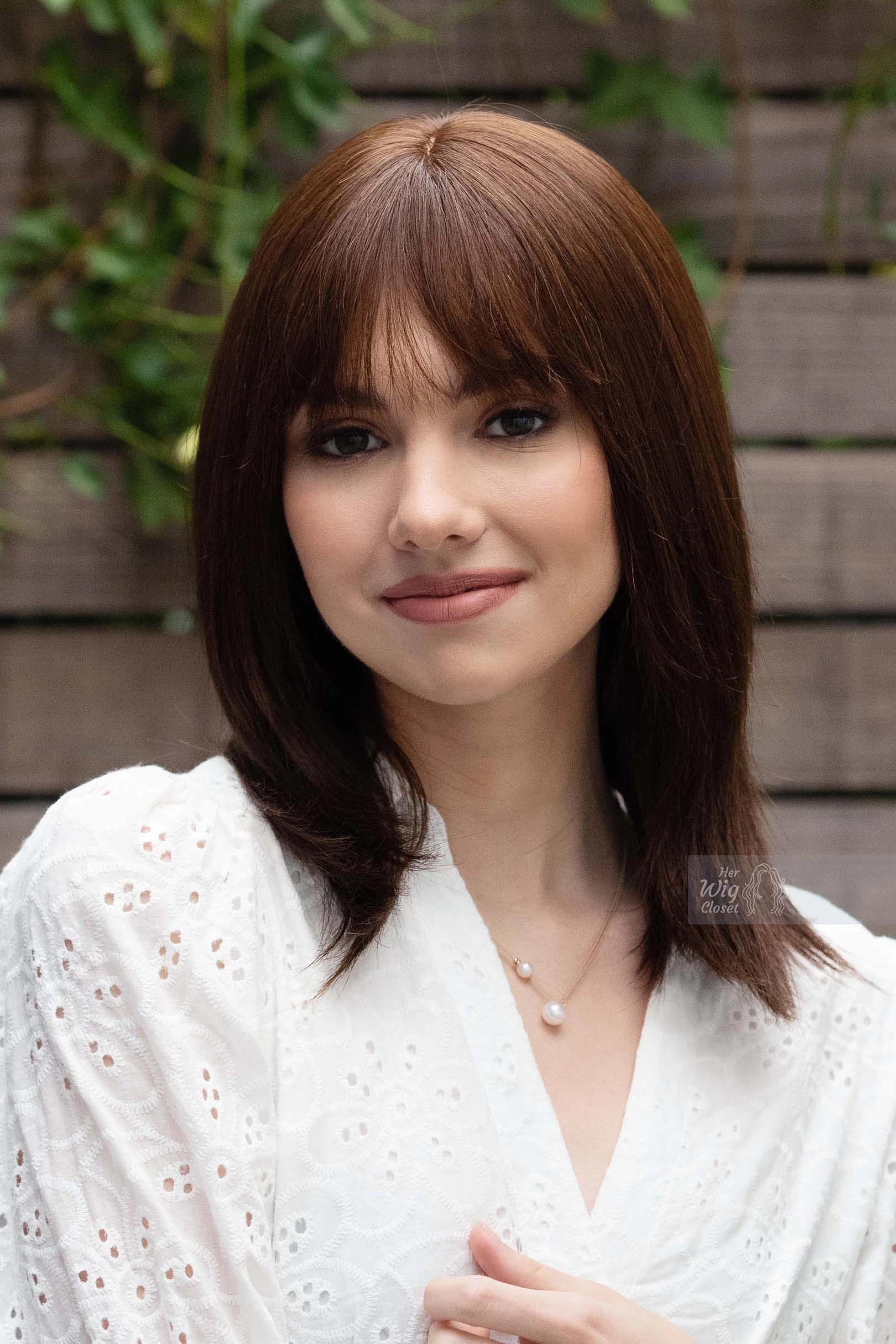 Natural Brown Brunette Straight Long Bob Human Hair Wig with bangs