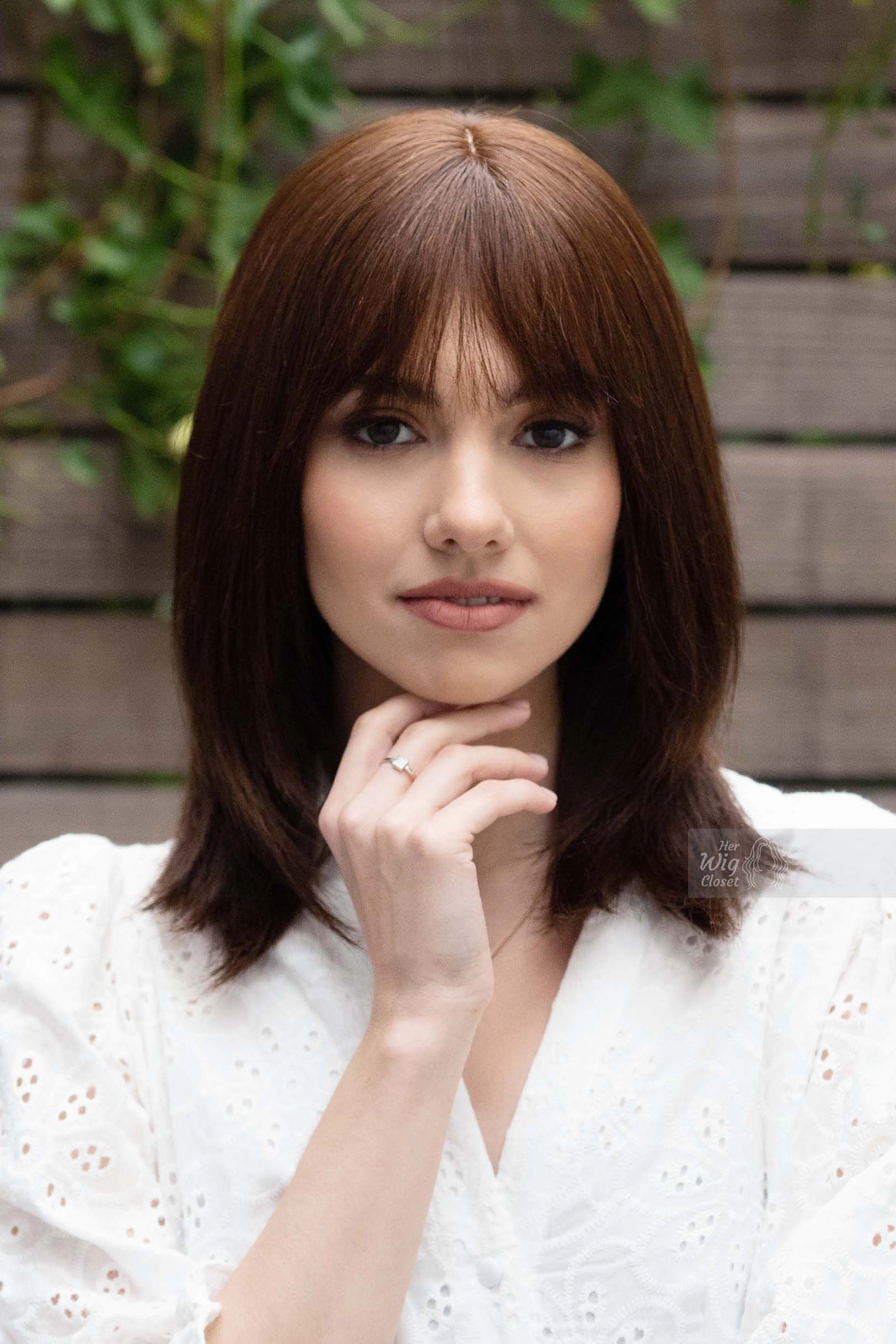 Natural Brown Brunette Straight Long Bob Human Hair Wig with bangs