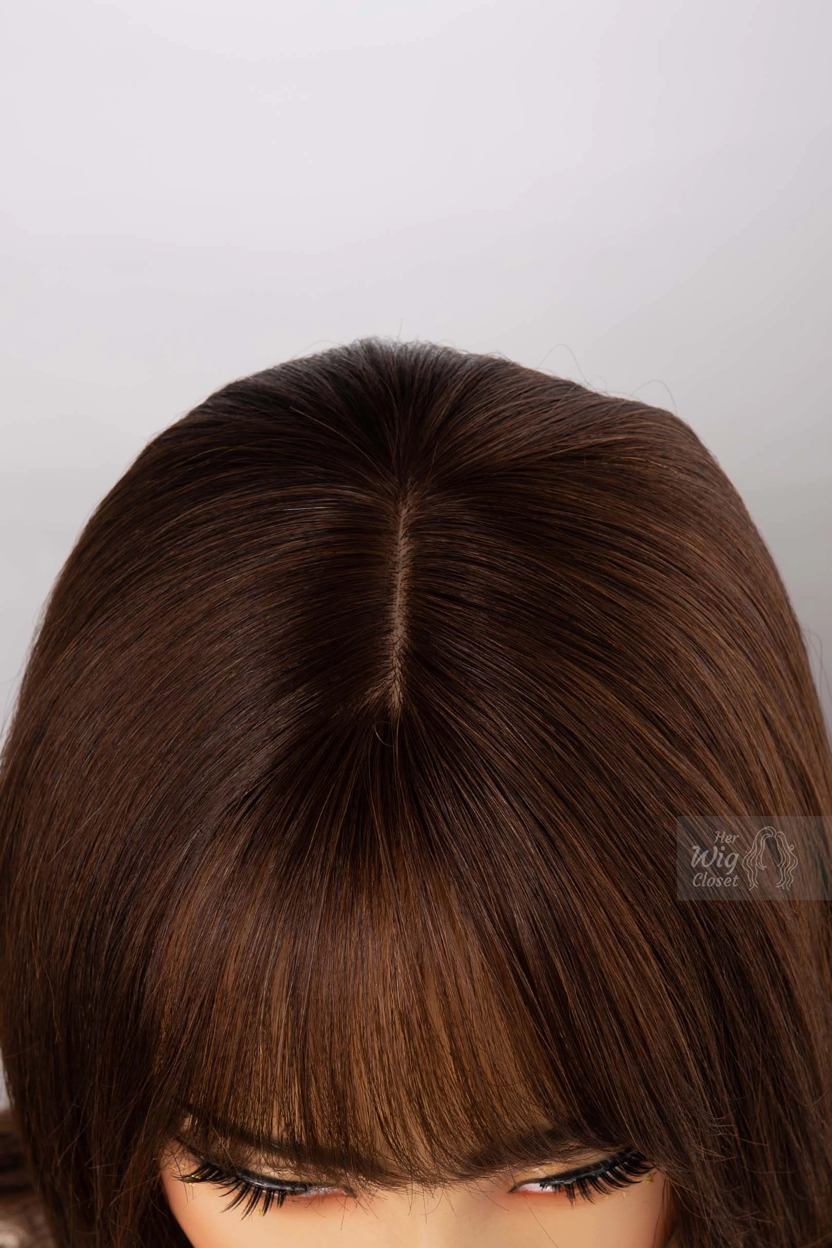 Natural Brown Brunette Straight Long Bob Human Hair Wig with bangs