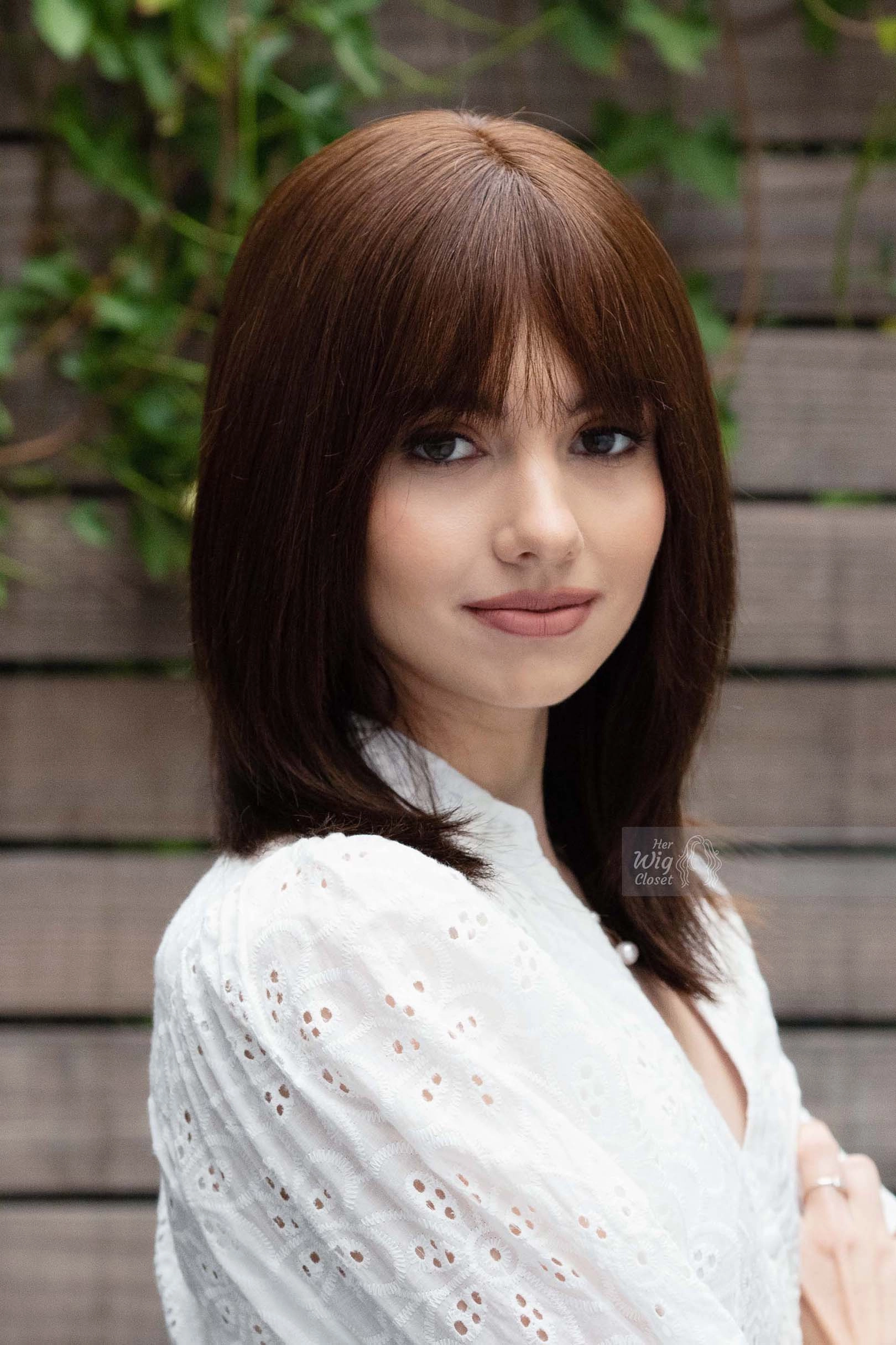 Natural Brown Brunette Straight Long Bob Human Hair Wig with bangs