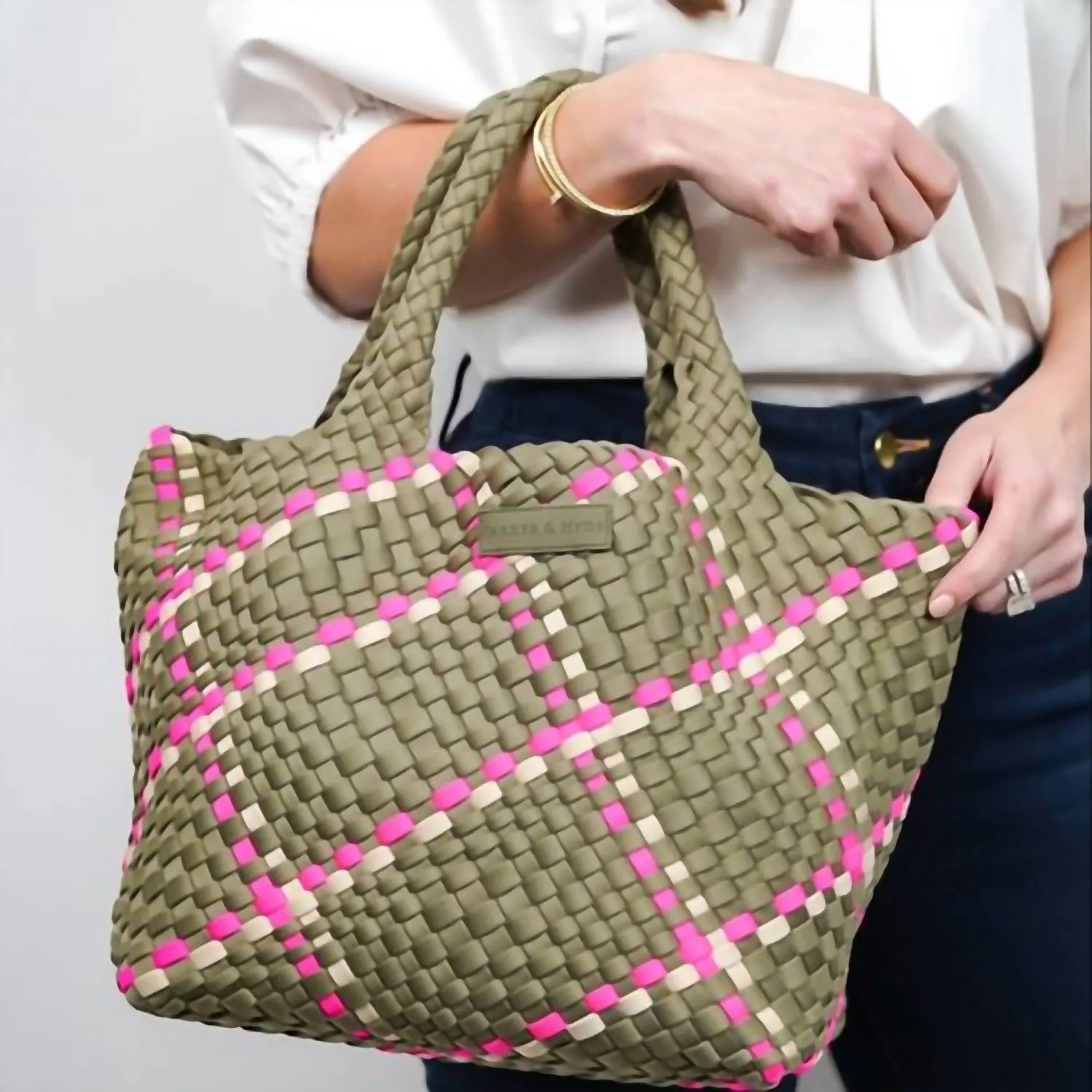 Neoprene Woven Handbag In Sage/pink
