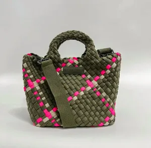 Neoprene Woven Handbag In Sage/pink