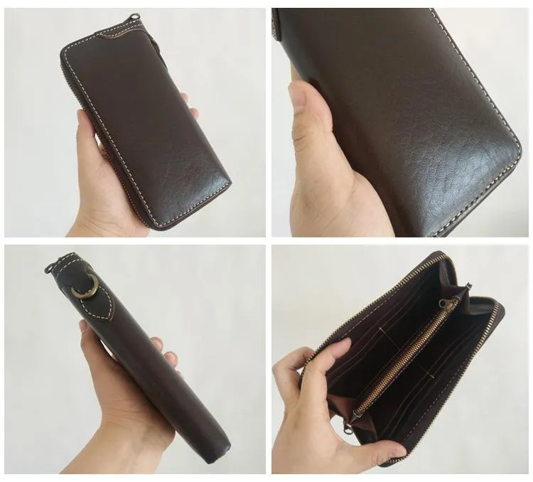 [On Sale] Handmade Mens Long Biker Wallet with Chains Cool Zipper Leather Biker Chain Wallets
