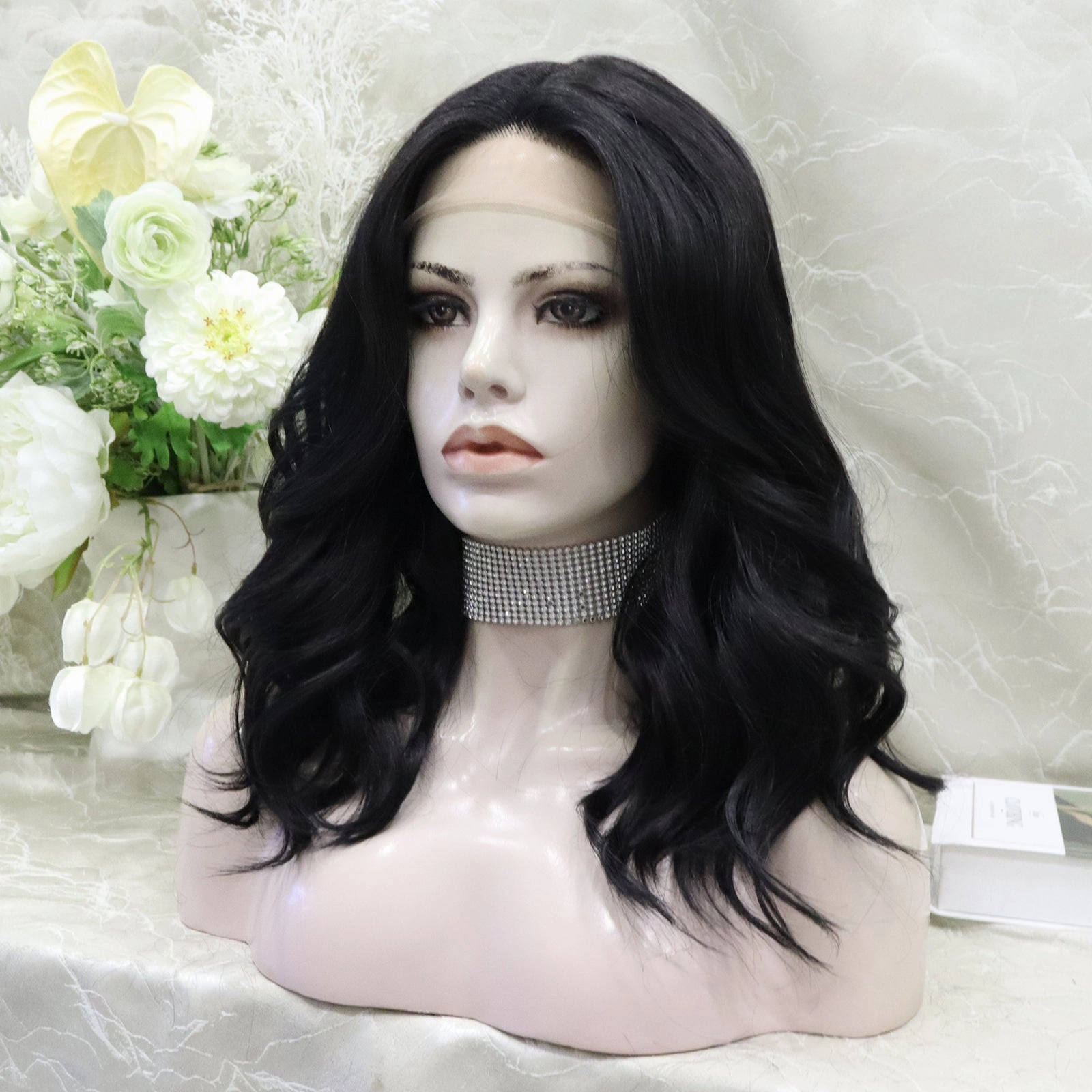 ON-SALE Zia Glueless nature black shoulder wavy lace front wig T parting adjustable Band