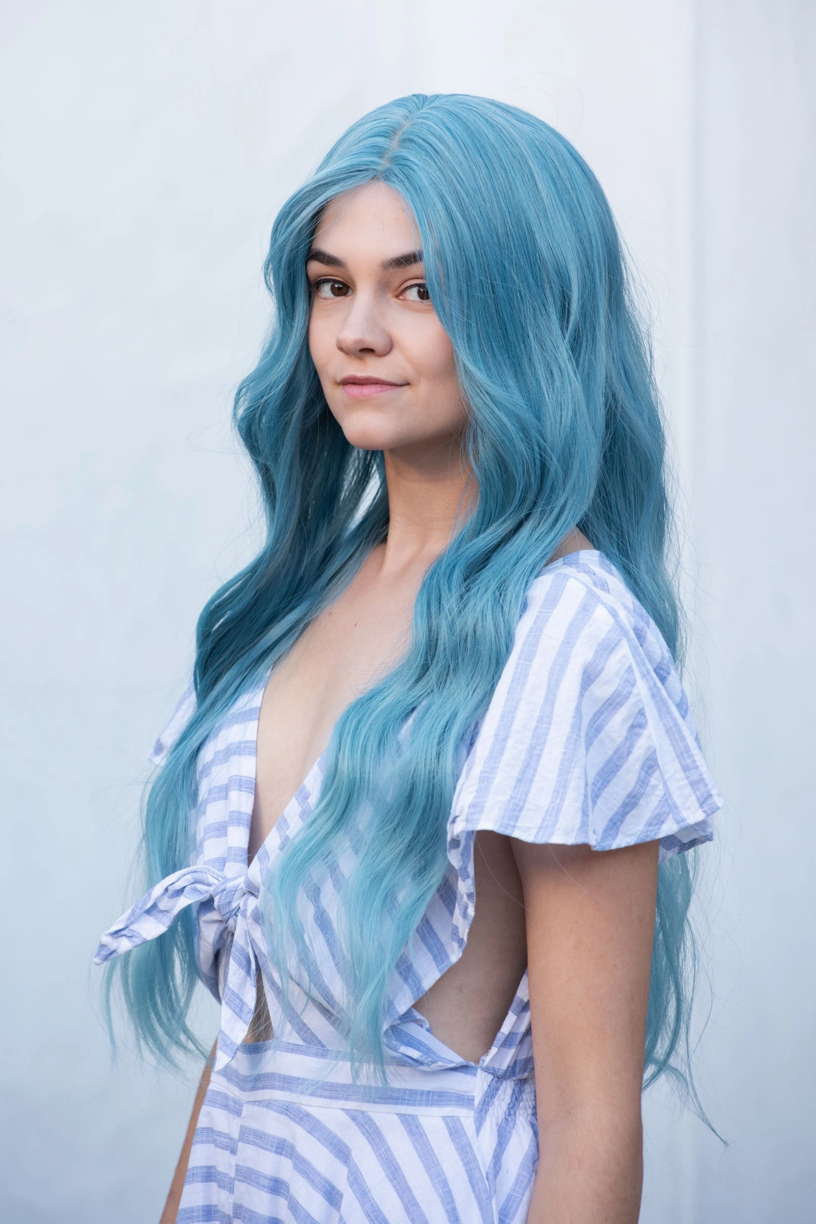 Pastel Blue Ash Blue Turquoise Blue Wig Long Wavy Middle Part Lace Wig Selena