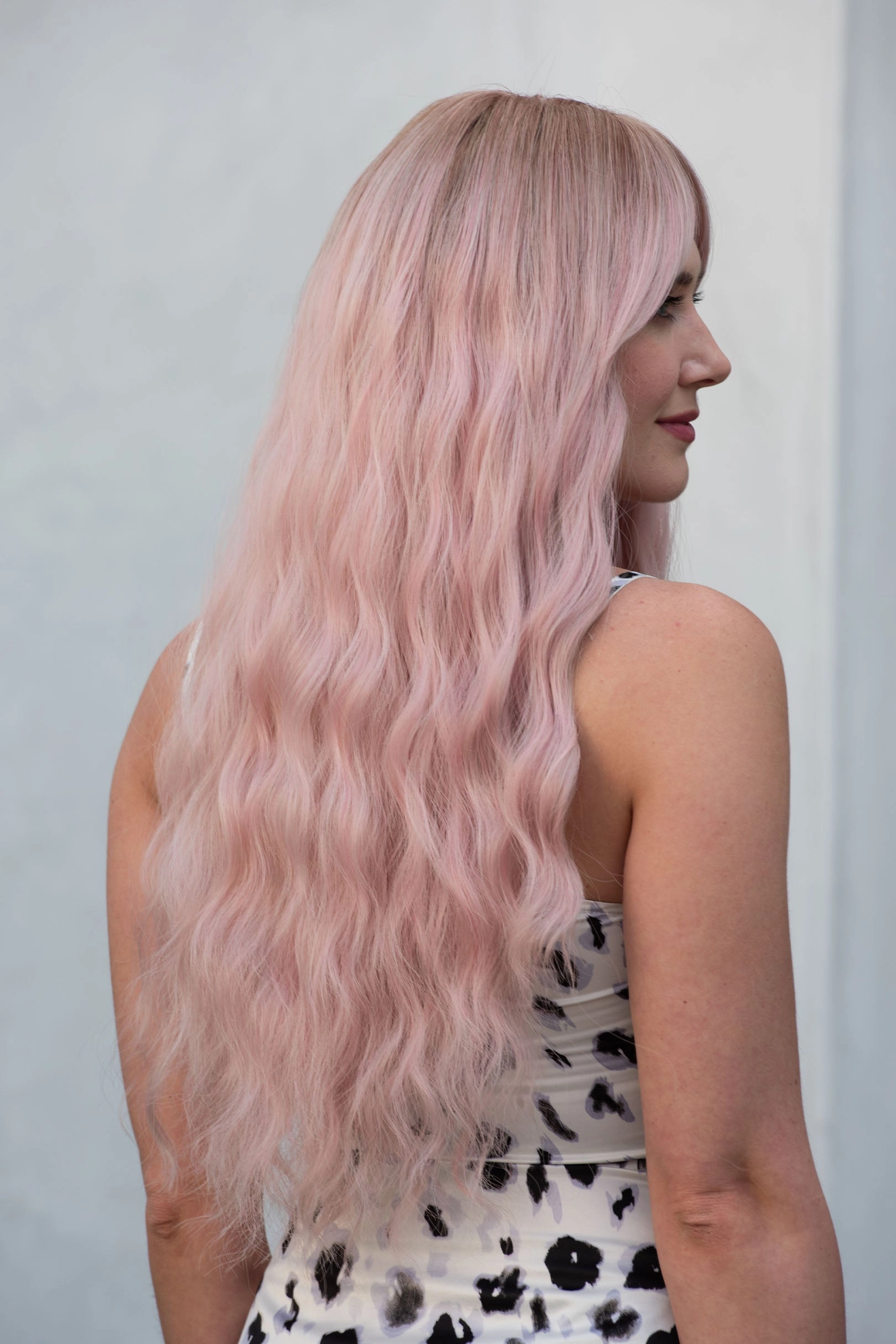 Pastel Pink Long Wavy Wig with Bangs Kaitlyn