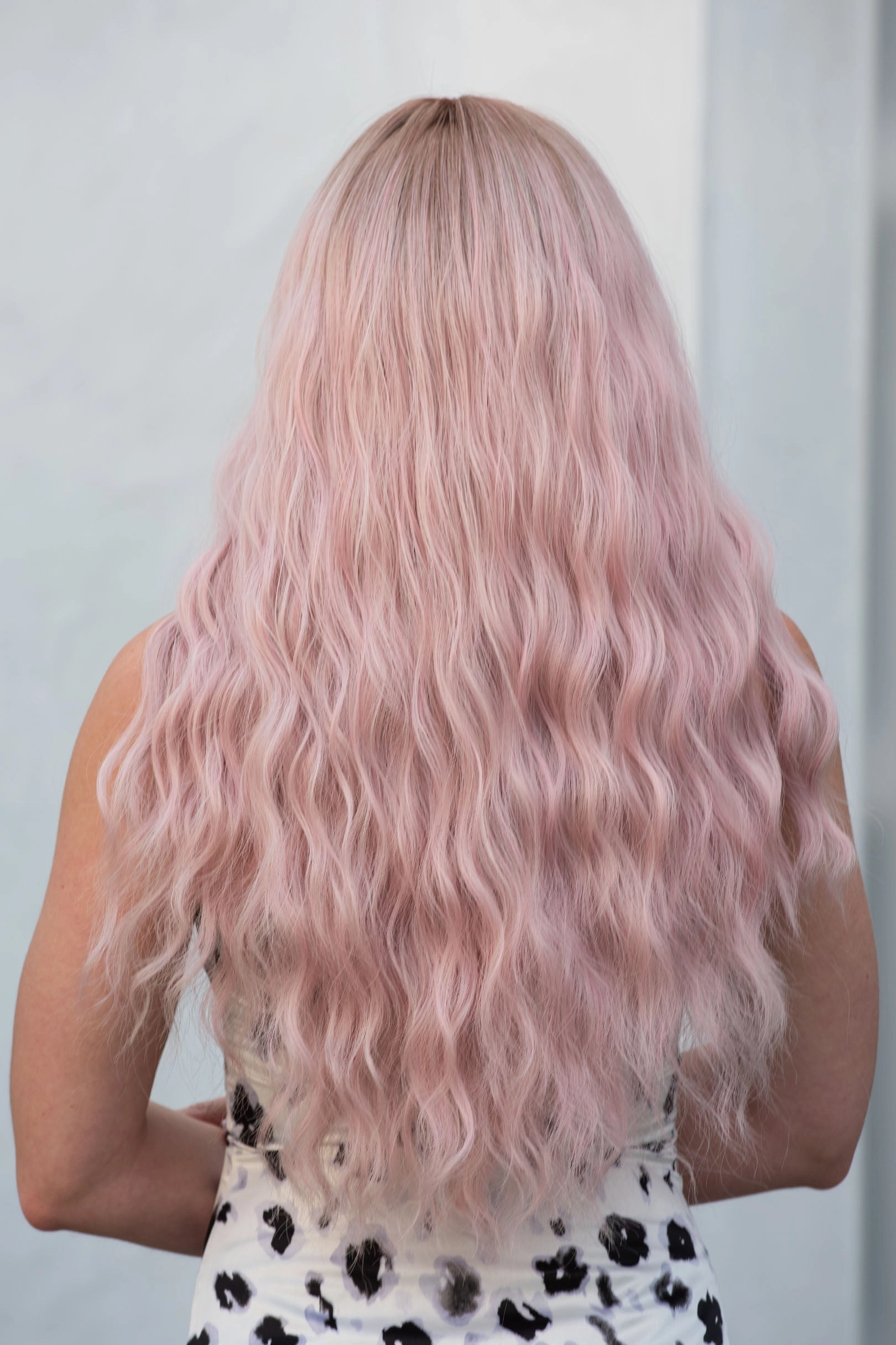 Pastel Pink Long Wavy Wig with Bangs Kaitlyn