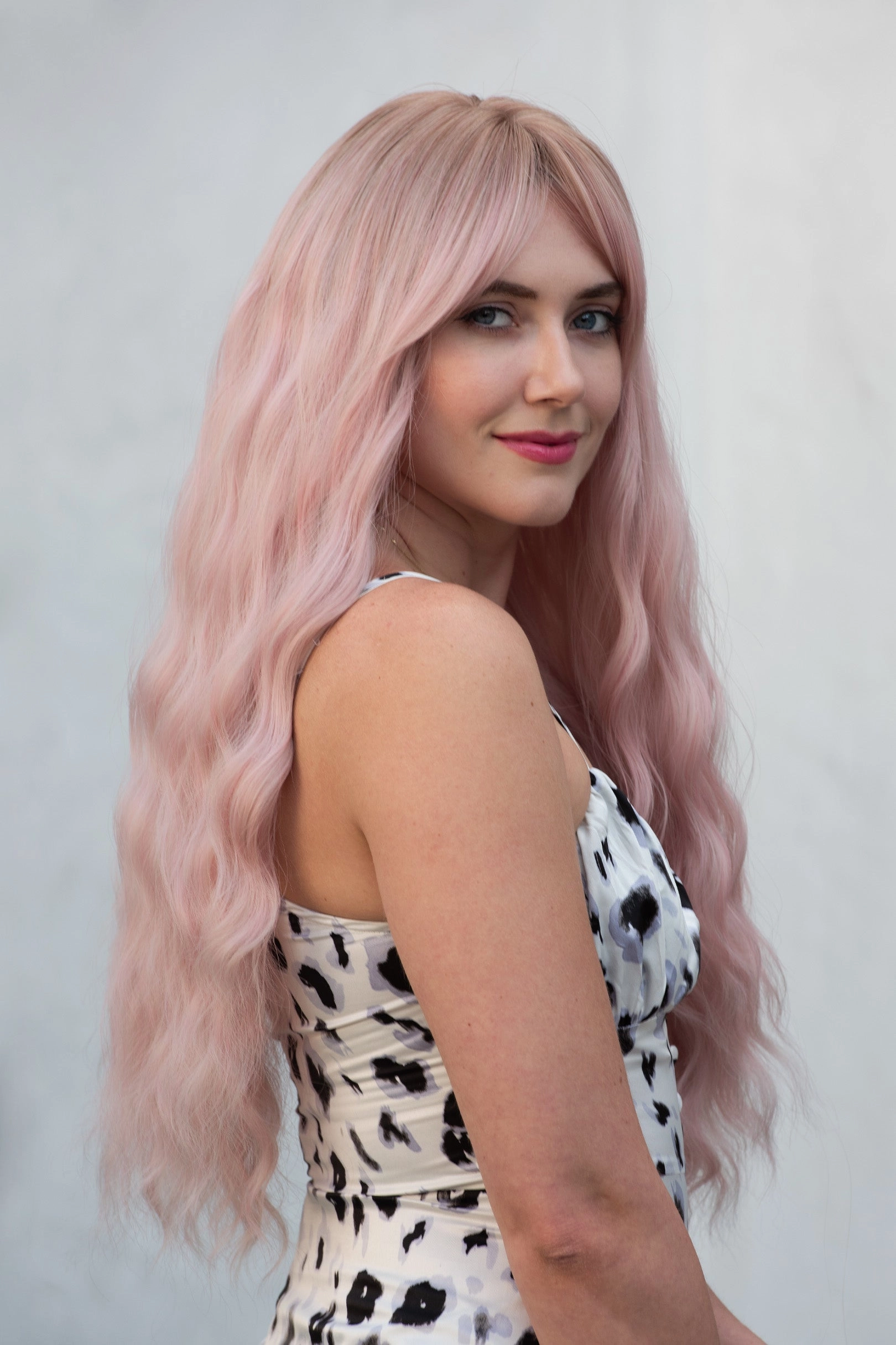 Pastel Pink Long Wavy Wig with Bangs Kaitlyn