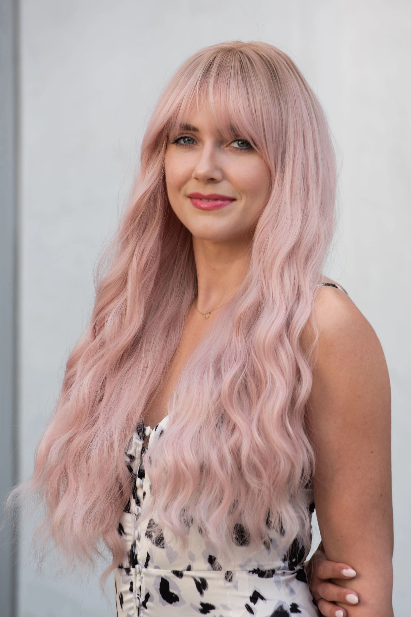 Pastel Pink Long Wavy Wig with Bangs Kaitlyn