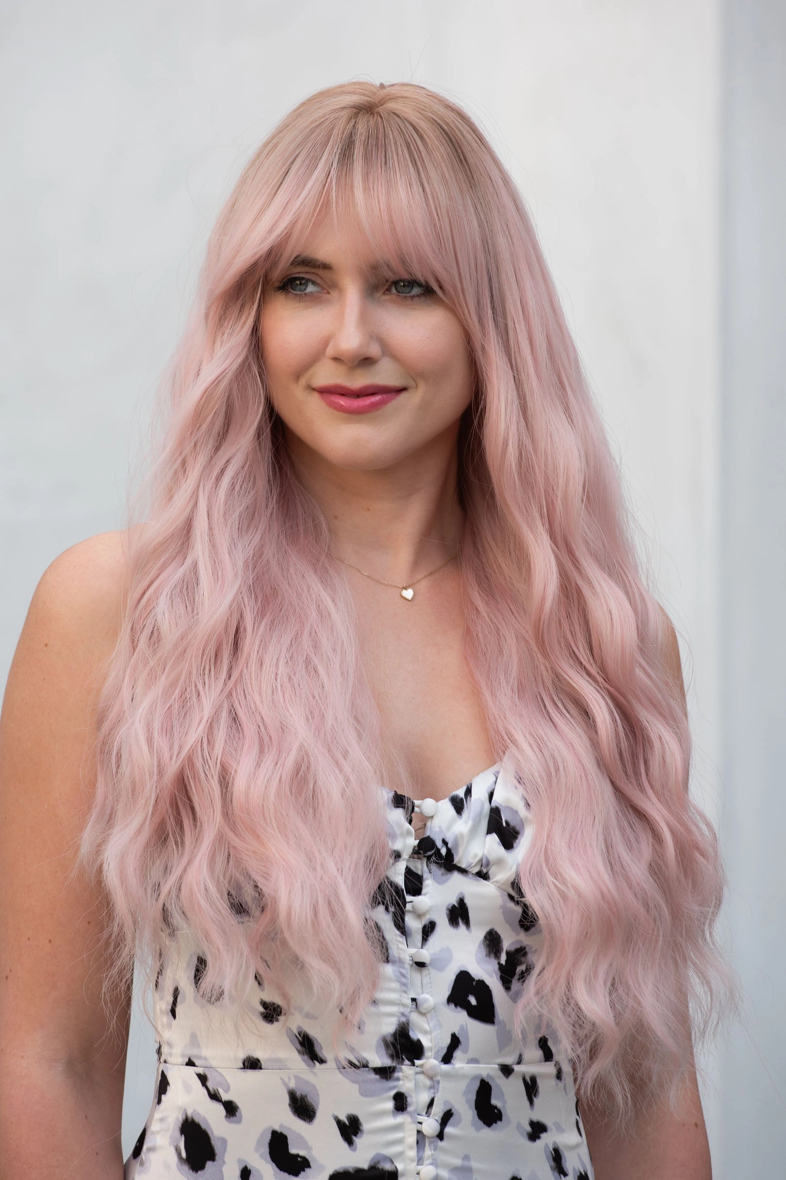 Pastel Pink Long Wavy Wig with Bangs Kaitlyn