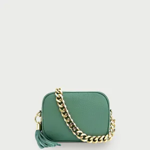 Pistachio Leather Crossbody Bag With Gold Chain Strap