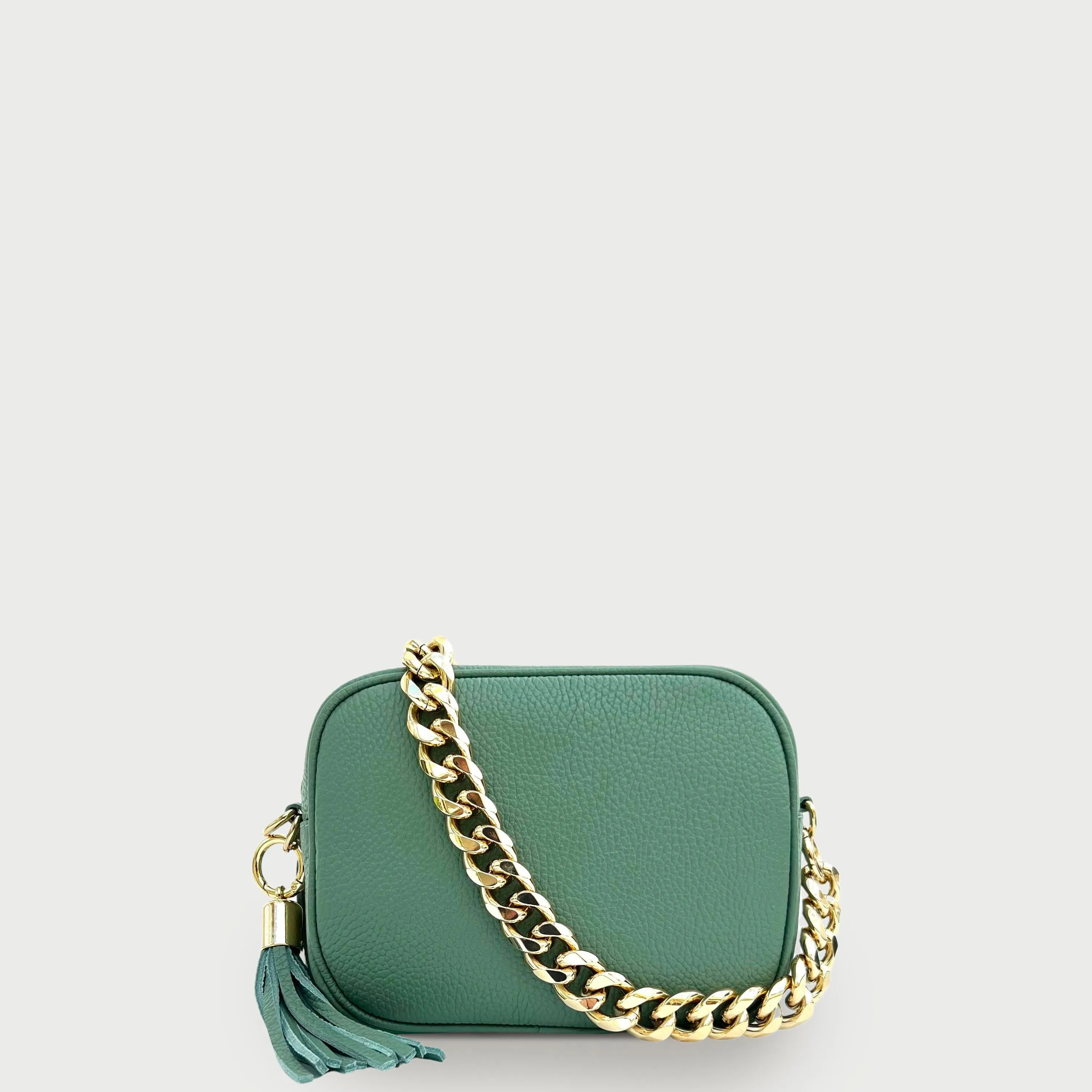 Pistachio Leather Crossbody Bag With Gold Chain Strap
