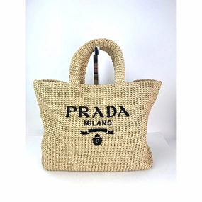 Prada Yarn Raffia Effect Crochet Embroidered Naturale Tote Bag
