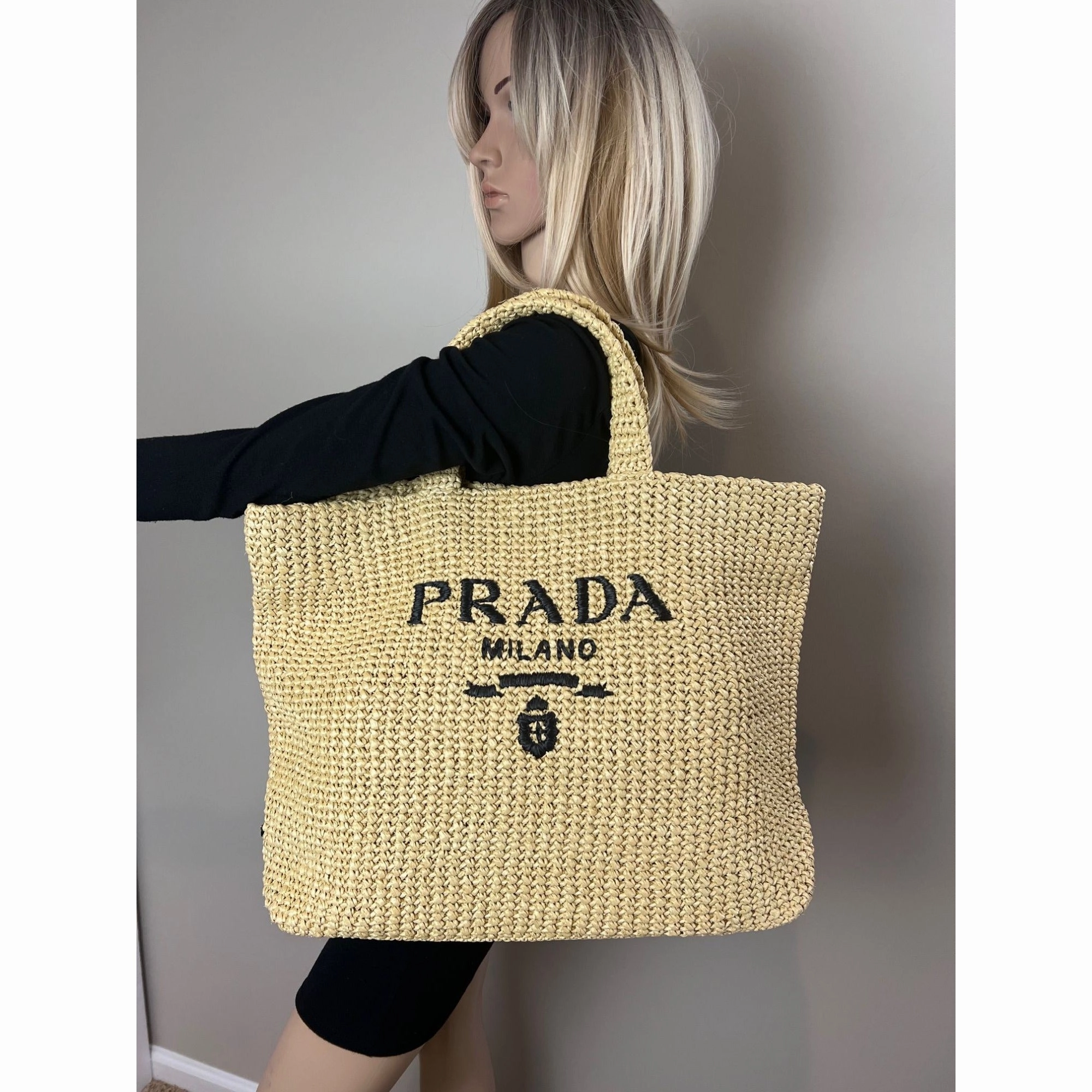 Prada Yarn Raffia Effect Crochet Embroidered Naturale Tote Bag