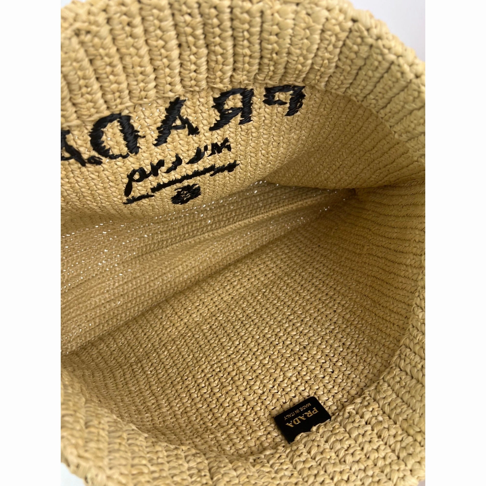 Prada Yarn Raffia Effect Crochet Embroidered Naturale Tote Bag