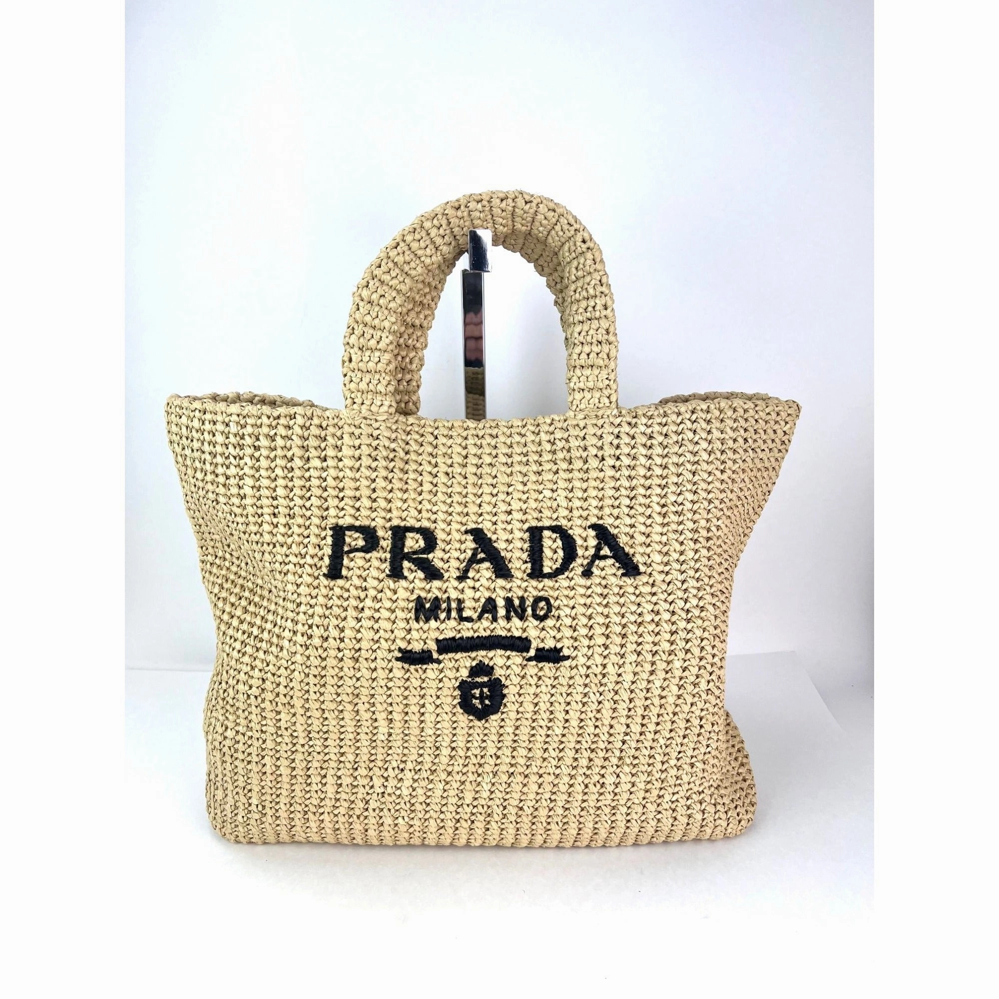 Prada Yarn Raffia Effect Crochet Embroidered Naturale Tote Bag
