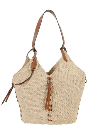 Raffia Tote Bag With Cognac Leather Trim