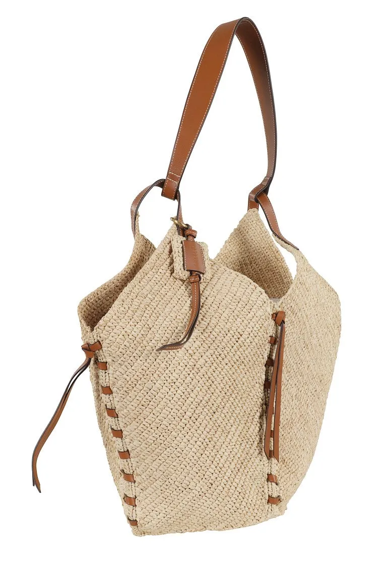 Raffia Tote Bag With Cognac Leather Trim