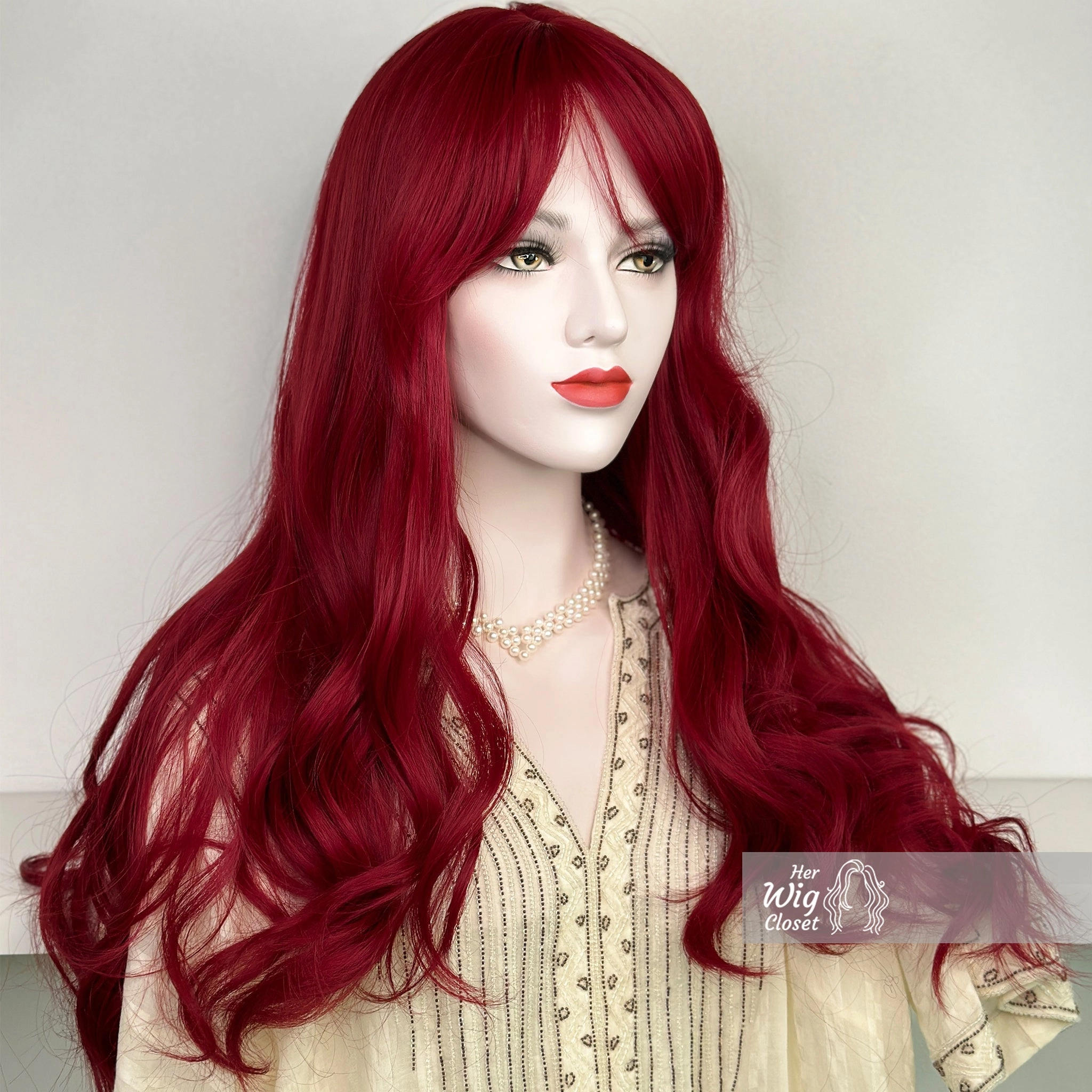 Red Wavy Synthetic Wig with Bangs Aria