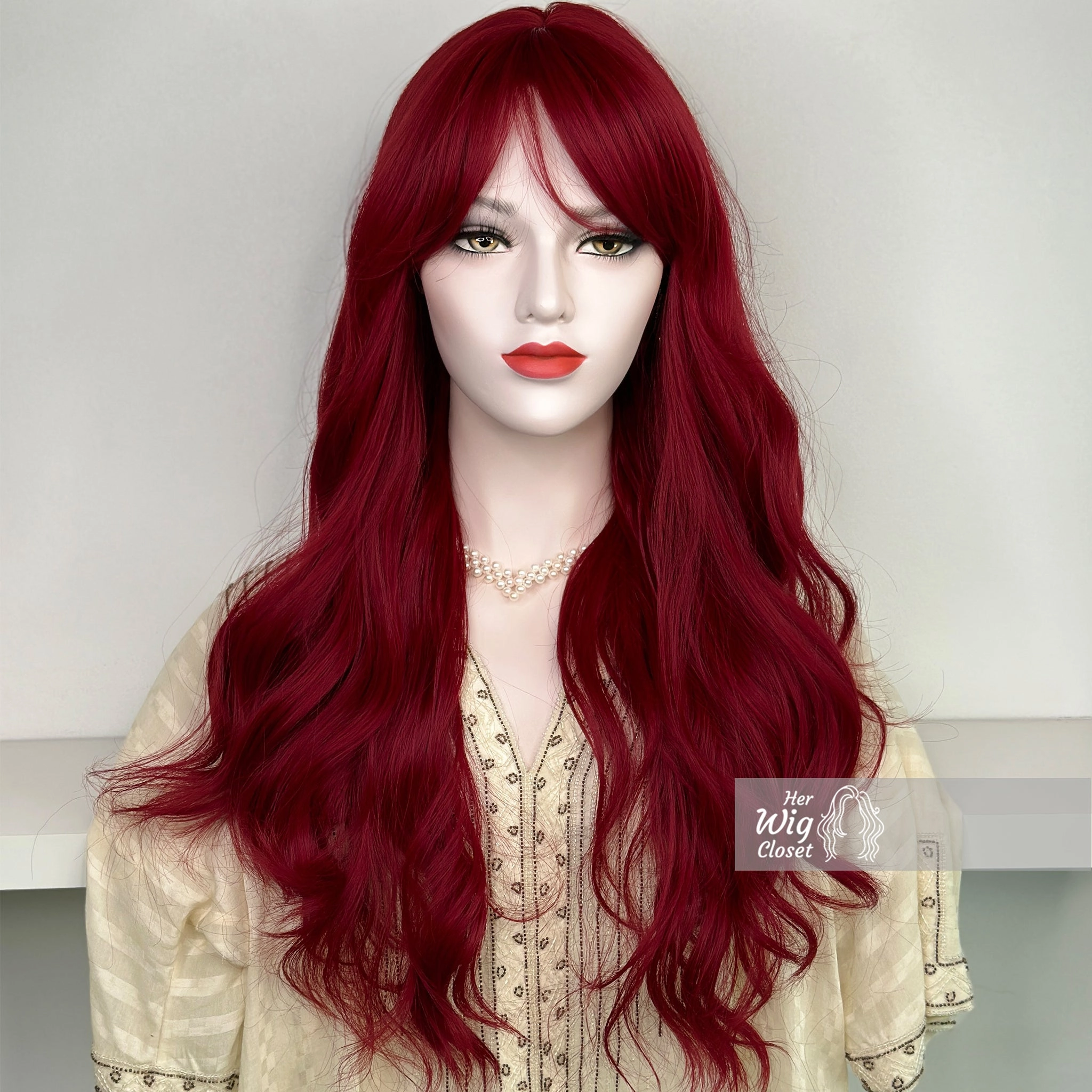 Red Wavy Synthetic Wig with Bangs Aria