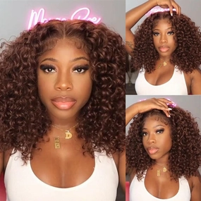 Reddish Brown 5X5 HD Lace Closure Deep Curly Bob Wig Glueless Curly Red Wine Invisible Lace Human Hair Bob Wigs
