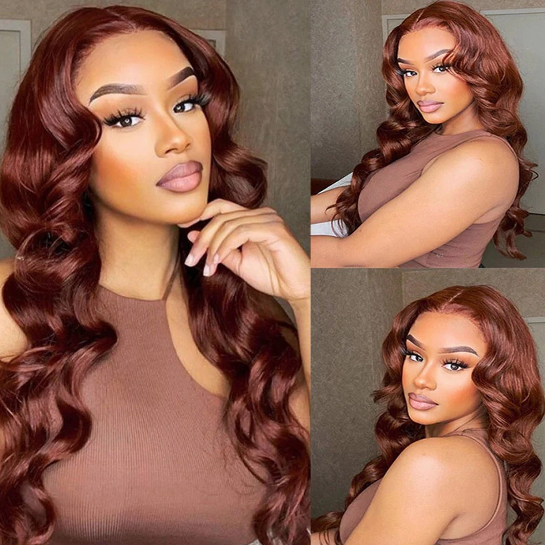 Reddish Brown Body Wave 13x4  Lace Frontal Wigs Pre Plucked Human Hair