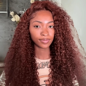 Reddish Brown Curly 13x4 Lace Front Wig Copper Red Glueless Human Hair Wig 250% Density