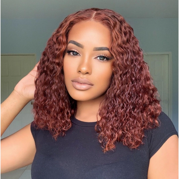 Reddish Brown Deep Wave Bob Wig Glueless Undetectable Standard Lace Front Wig Human Hair