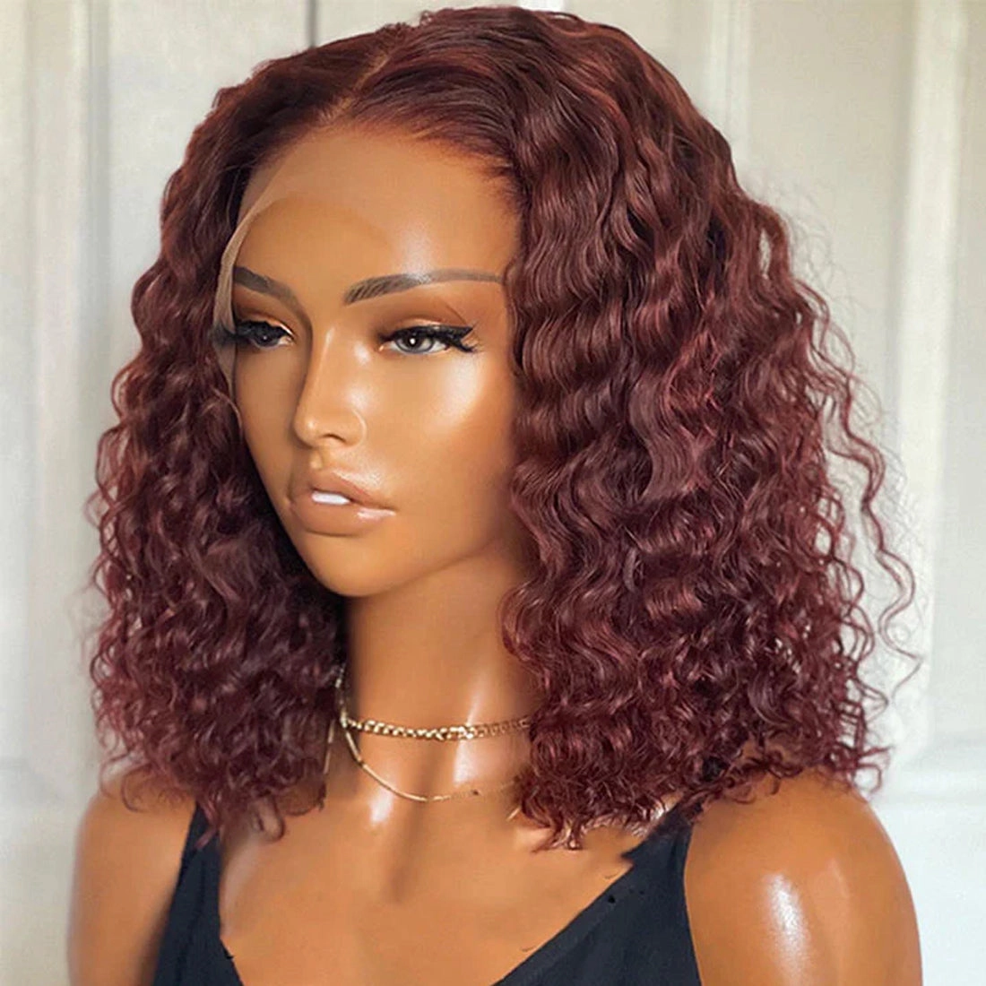 Reddish Brown Deep Wave Bob Wig Glueless Undetectable Standard Lace Front Wig Human Hair